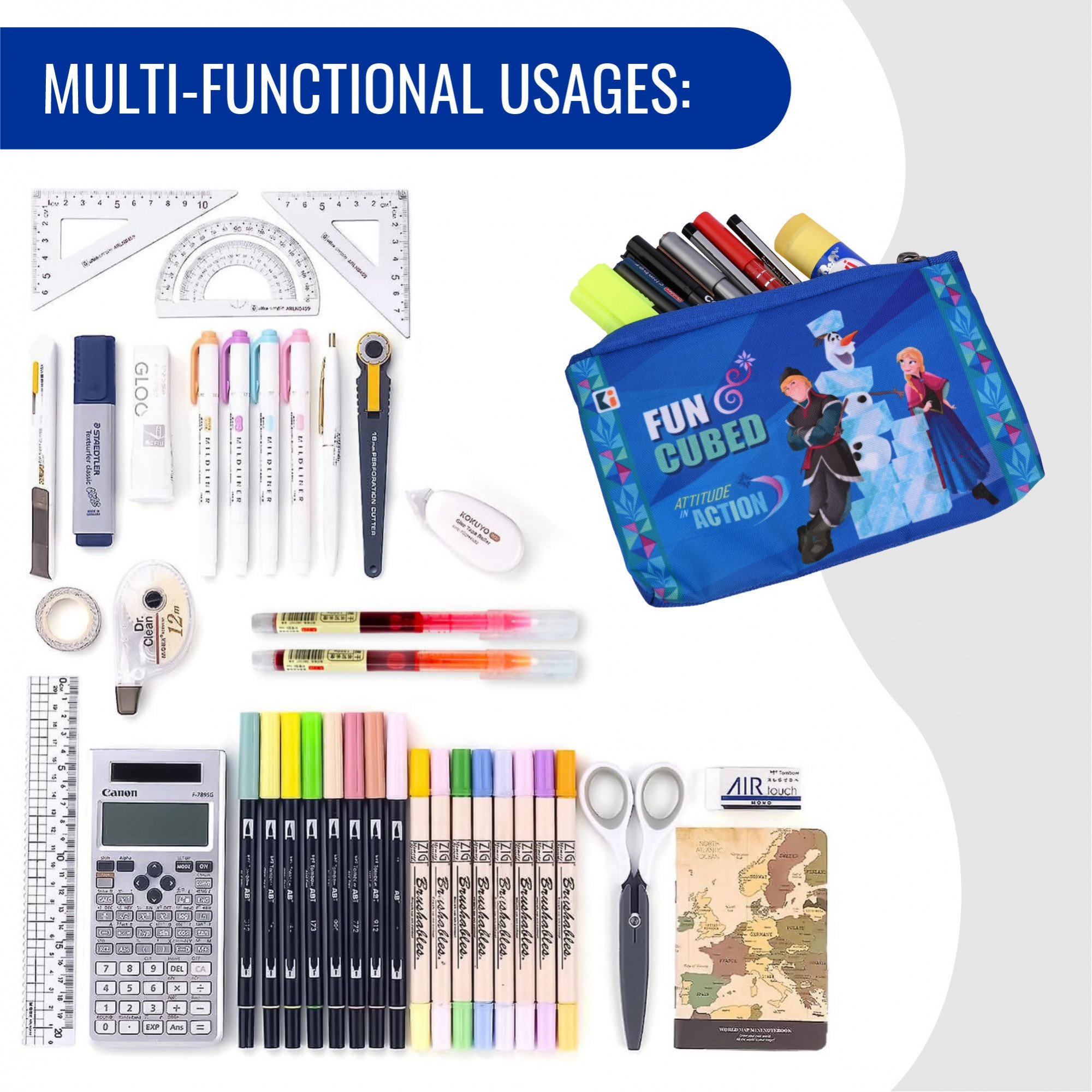 Kuber Industries Pencil Pouch | Square Stationary Pouch | Pen-Pencil Box for Kids | School Geometry Pouch | Pencil Utility Bag | Zipper Pencil Organizer | Disney-Frozen | Blue