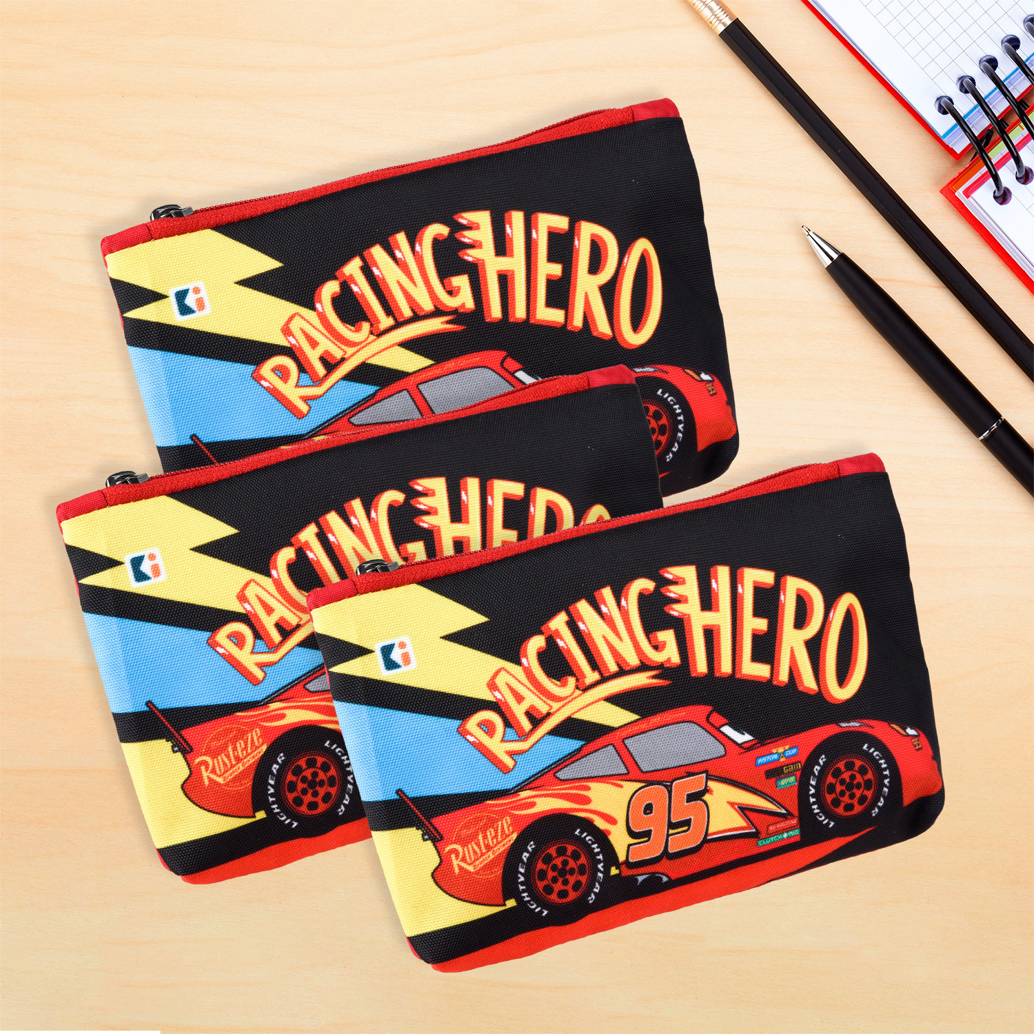 Kuber Industries Pencil Pouch | Square Stationary Pouch | Pen-Pencil Box for Kids | School Geometry Pouch | Pencil Utility Bag | Zipper Pencil Organizer | Disney-Racing Car | Red