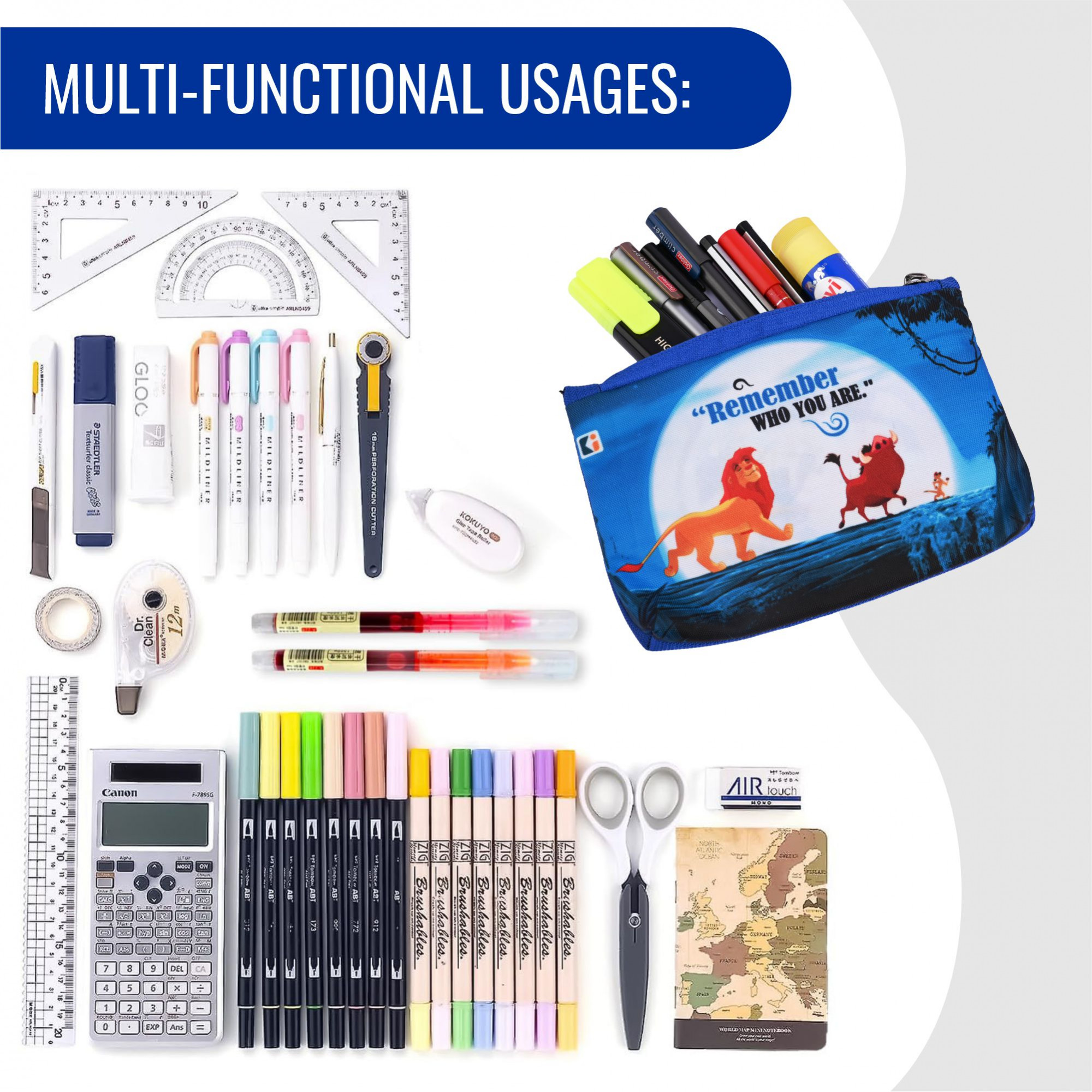 Kuber Industries Pencil Pouch | Square Stationary Pouch | Pen-Pencil Box for Kids | School Geometry Pouch | Pencil Utility Bag | Zipper Pencil Organizer | Disney-Lion King | Blue