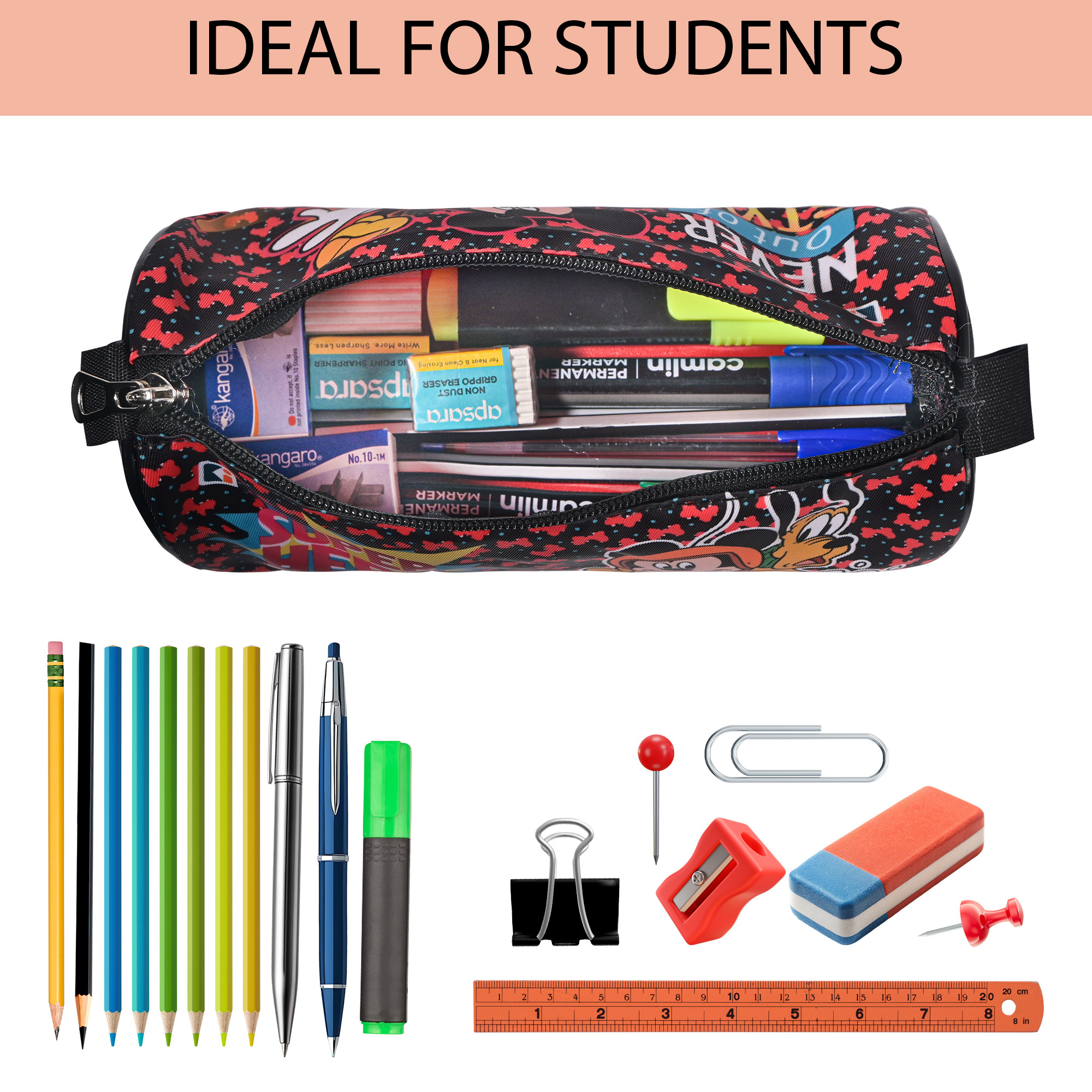 Kuber Industries Pencil Pouch For Kids  Multipurpose  Easy-To-Carry Pen  Markers School Supply Organizer For Stationary  Disney Mickey Print - Black