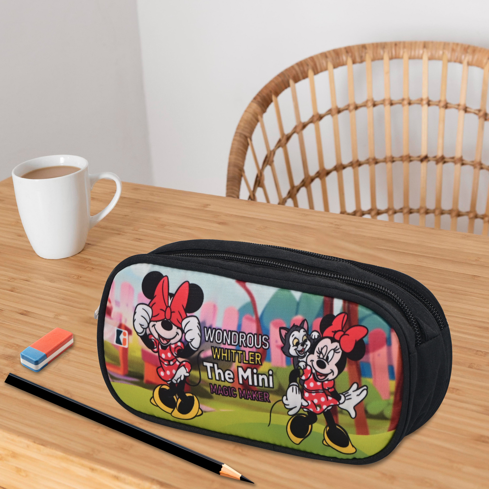 Kuber Industries Pencil Pouch With 2 Compartments For Kids  Compact  Easy-To-Carry Pen  Markers School Supply Organizer For Stationary  Minnie Magic - Orange  Green