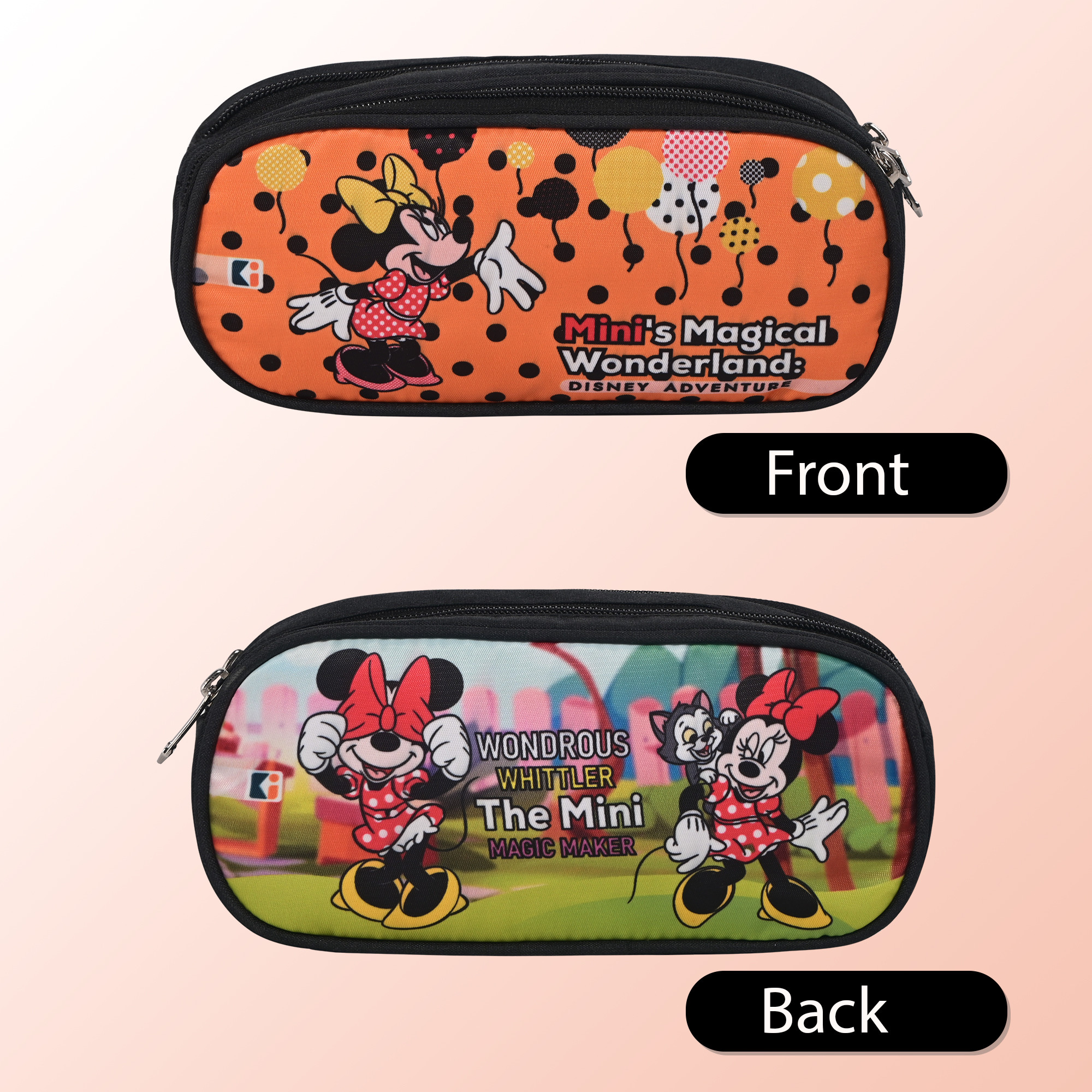 Kuber Industries Pencil Pouch With 2 Compartments For Kids  Compact  Easy-To-Carry Pen  Markers School Supply Organizer For Stationary  Minnie Magic - Orange  Green