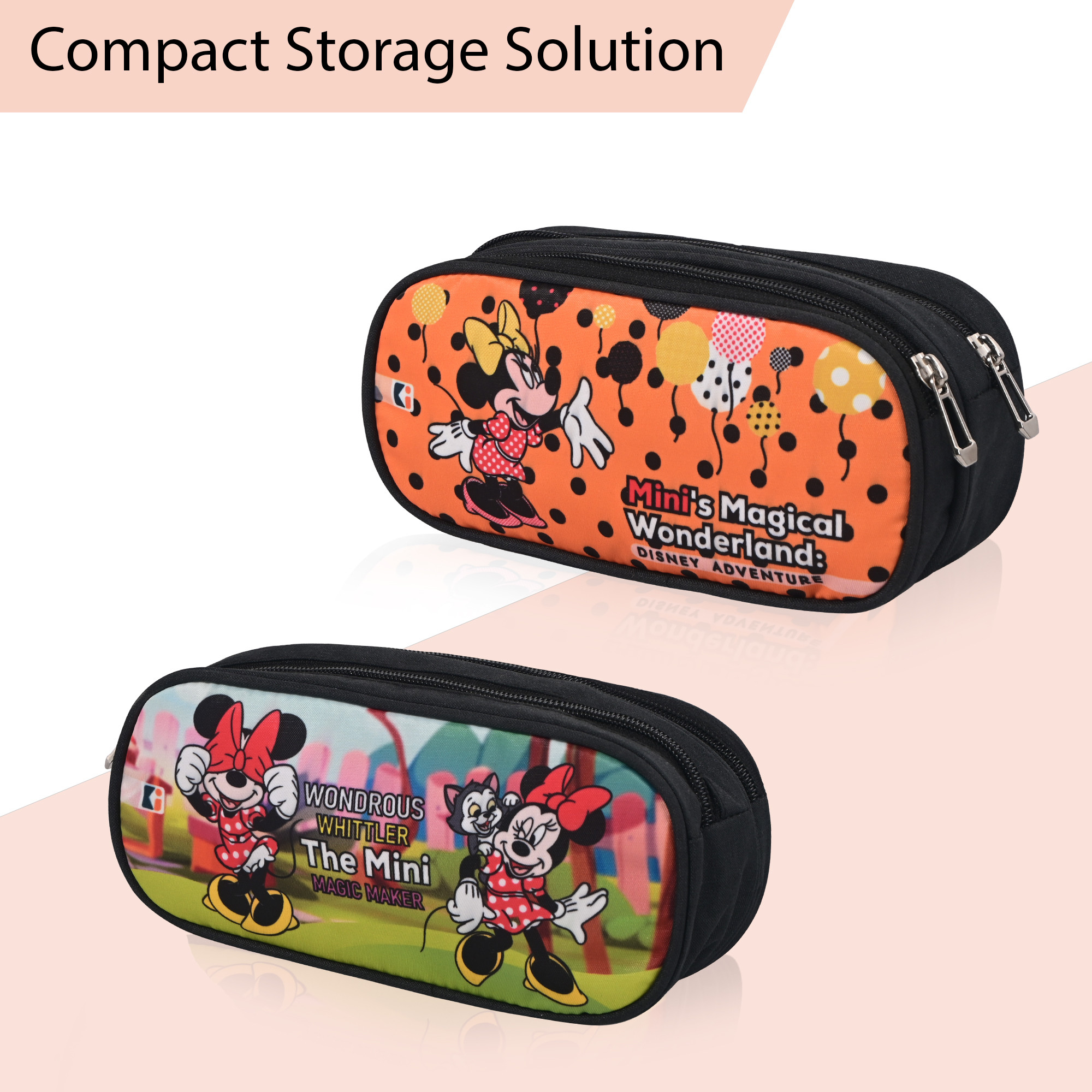 Kuber Industries Pencil Pouch With 2 Compartments For Kids  Compact  Easy-To-Carry Pen  Markers School Supply Organizer For Stationary  Minnie Magic - Orange  Green