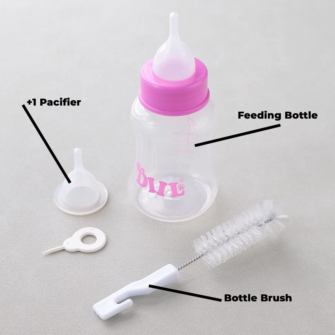 Kuber Industries Pet Feeding Bottle for Puppies,Kittens,Rabbits & Other Newborns|Nursing Bottle for Pets|Squeeze Liquid Feed Bottle|Bottle,Milk Brush,Pacifier Replacement|LS143PK|150 ML|Pink