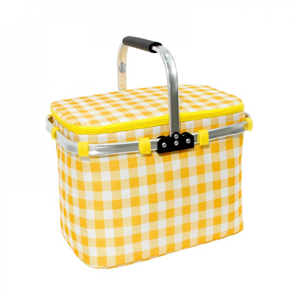Kuber Industries Picnic Basket | Market Storage Basket with Lid | Aluminum Handles for Travel | Shopping Basket | Check-Print Multi-Utility Basket | 23 Ltr | JY2238-YEL | Yellow