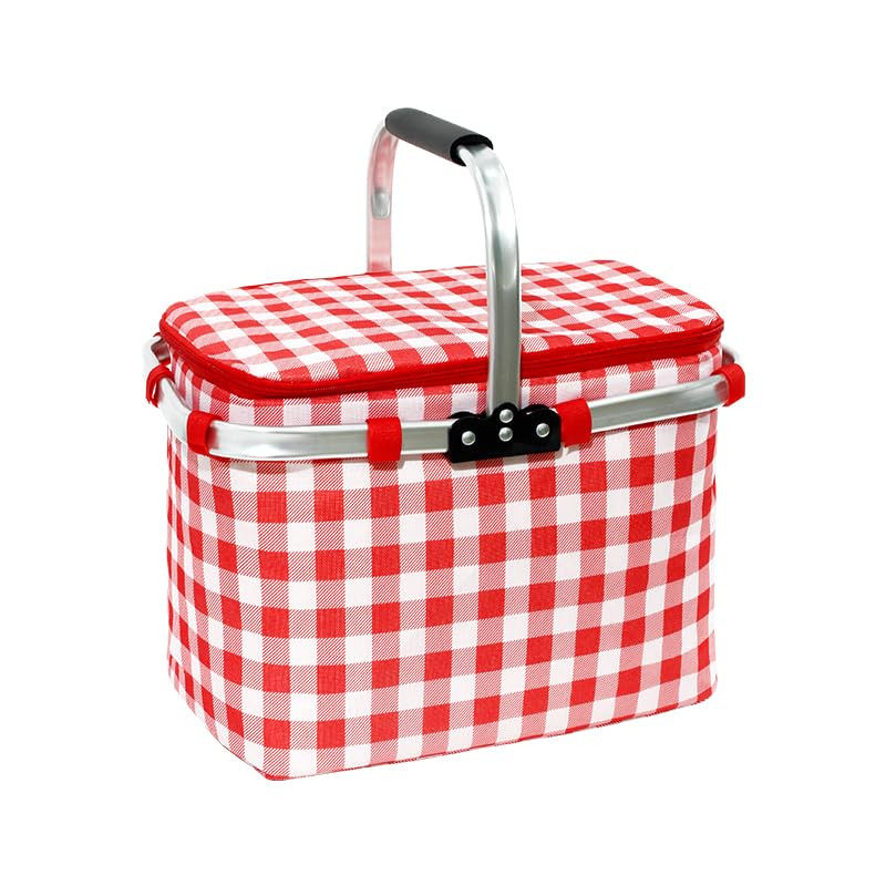 Kuber Industries Picnic Basket | Market Storage Basket with Lid | Aluminum Handles for Travel | Shopping Basket | Check-Print Multi-Utility Basket | 23 Ltr | JY2388-RED | Red