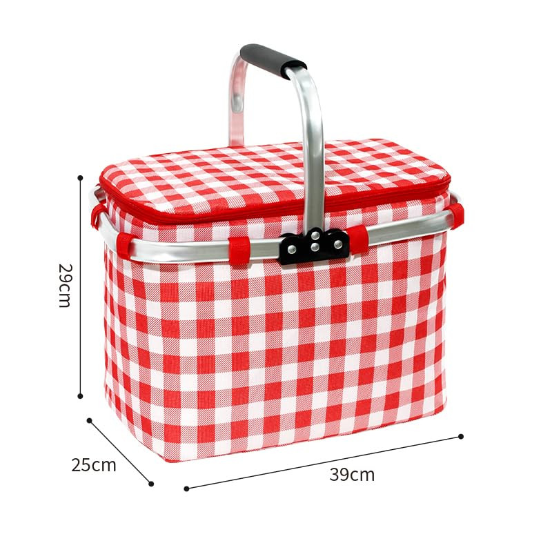 Kuber Industries Picnic Basket | Market Storage Basket with Lid | Aluminum Handles for Travel | Shopping Basket | Check-Print Multi-Utility Basket | 23 Ltr | JY2388-RED | Red