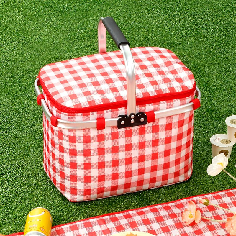 Kuber Industries Picnic Basket | Market Storage Basket with Lid | Aluminum Handles for Travel | Shopping Basket | Check-Print Multi-Utility Basket | 23 Ltr | JY2388-RED | Red