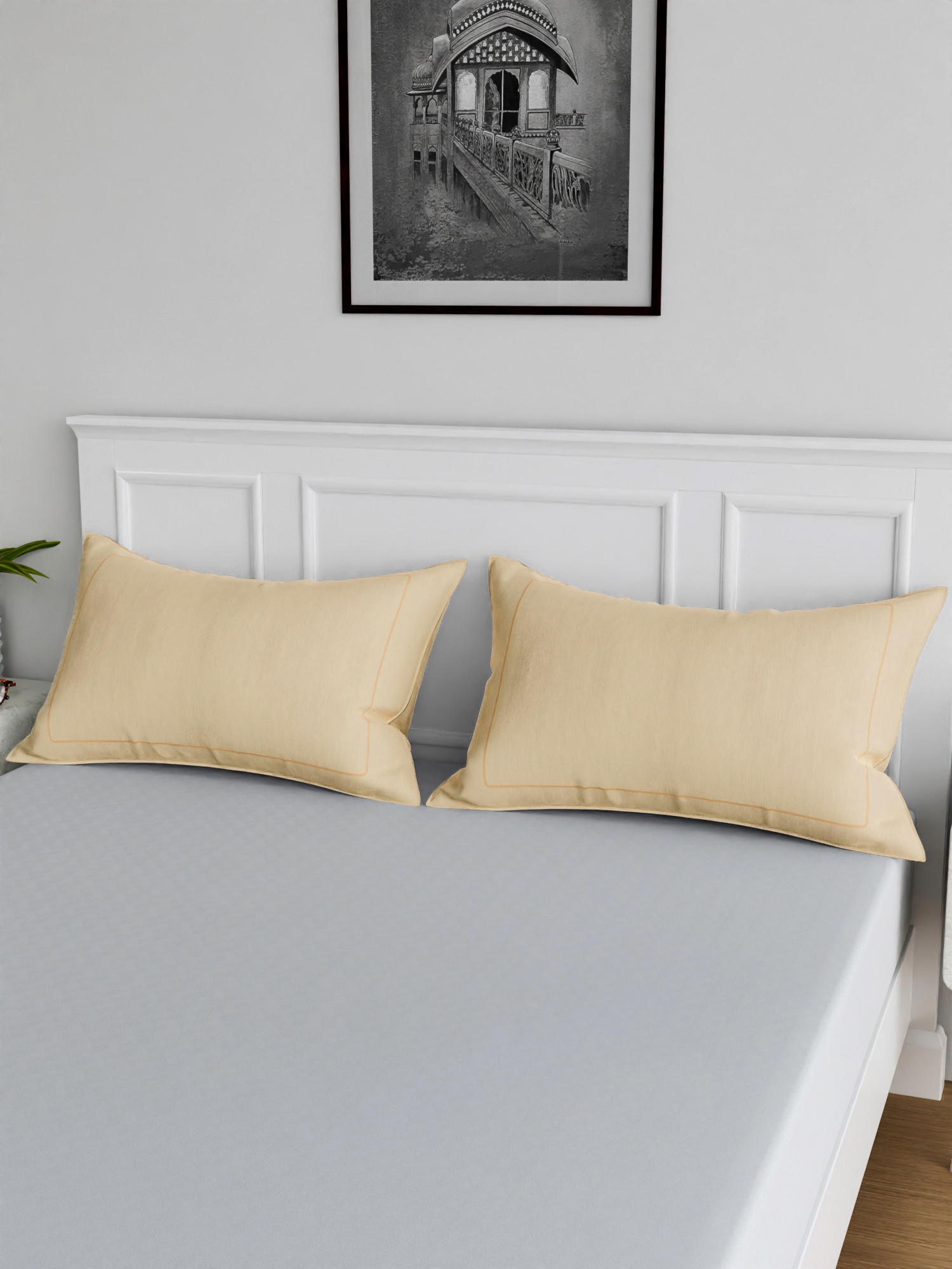 Kuber Industries Pillow Cover  Cotton Pillow Cover  Pillow Cover for Bedroom  Cushion Pillow Cover for Living Room  Plain Border Pillow Cover Set  Set of 2  Cream