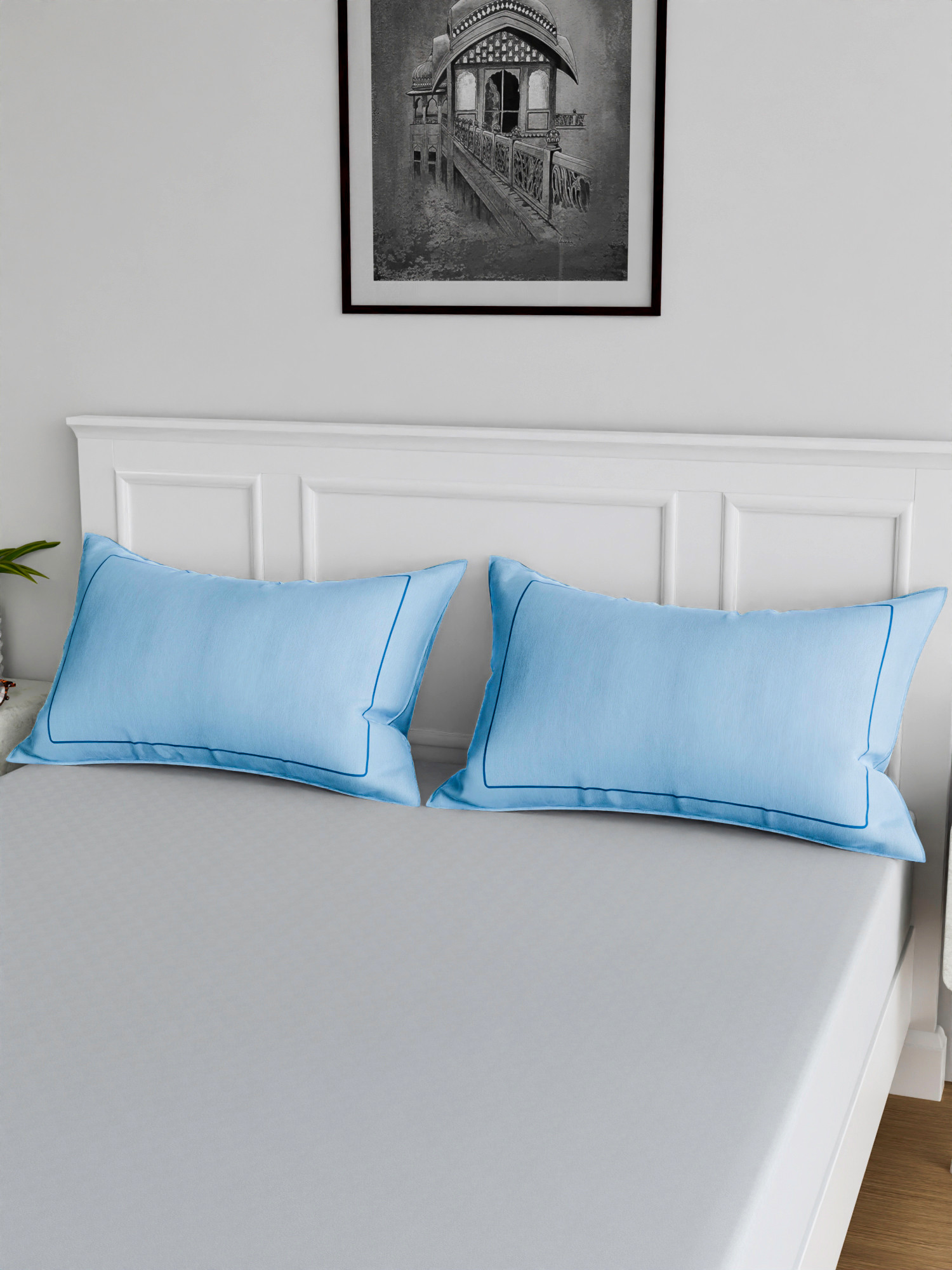 Kuber Industries Pillow Cover | Cotton Pillow Cover | Pillow Cover for Bedroom | Cushion Pillow Cover for Living Room | Plain Border Pillow Cover Set |Sky Blue
