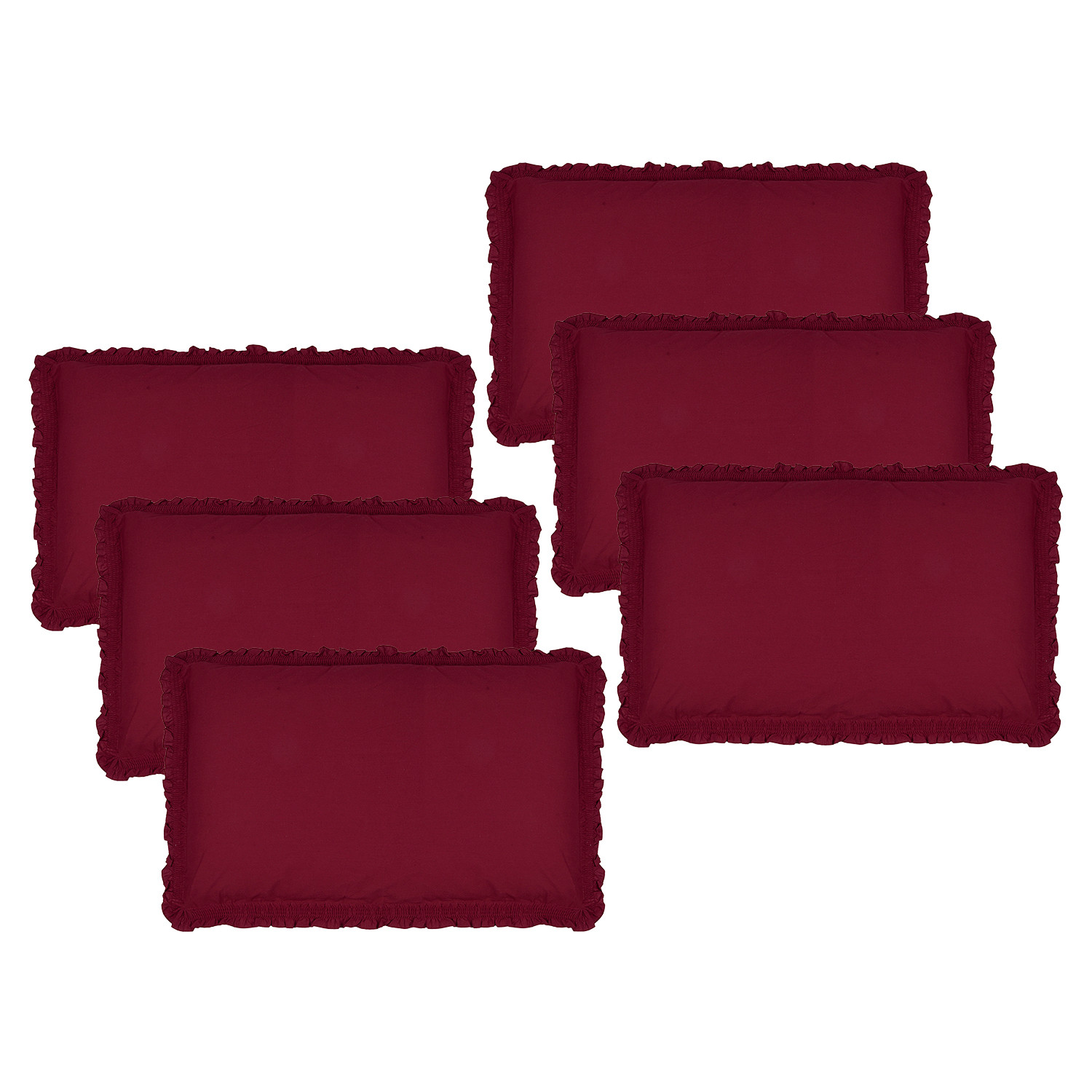 Kuber Industries Pillow Cover | Cotton Pillow Cover | Pillow Cover For Bedroom | Pleated Frill Border Long Crush Pillow Cover | Set of 6 | 20x30 Inch | Maroon