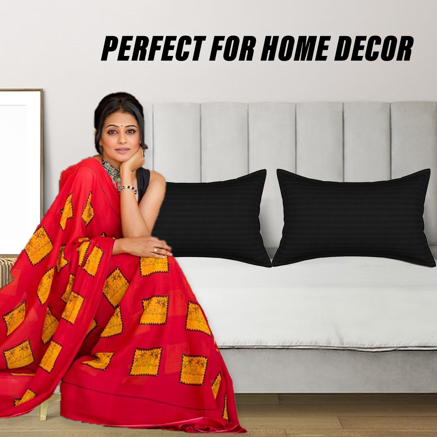 Kuber Industries Pillow Cover  Cotton Pillow Cover  Striped Pattern Pillow Cover  Soft Pillow Cover for Home  Pillow Cover for Bedroom  Set of 2  Black