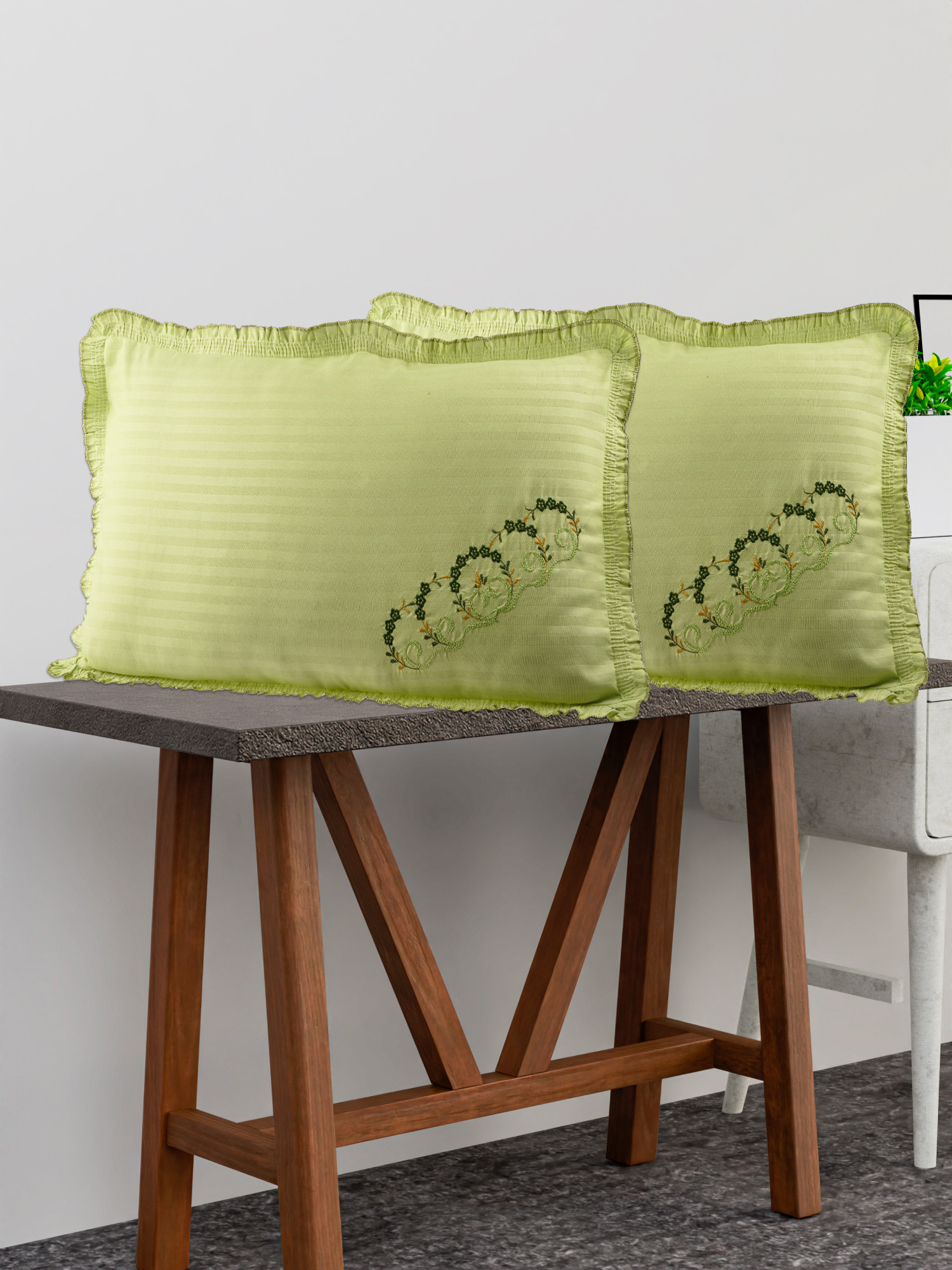 Kuber Industries Pillow Cover  Cotton Pillow Cover Set  Cushion Pillow Cover Set  Pillow Cover Set for Bedroom  Lining Embroidery Pillow Cover Set  2 Piece Set  Parrot Green