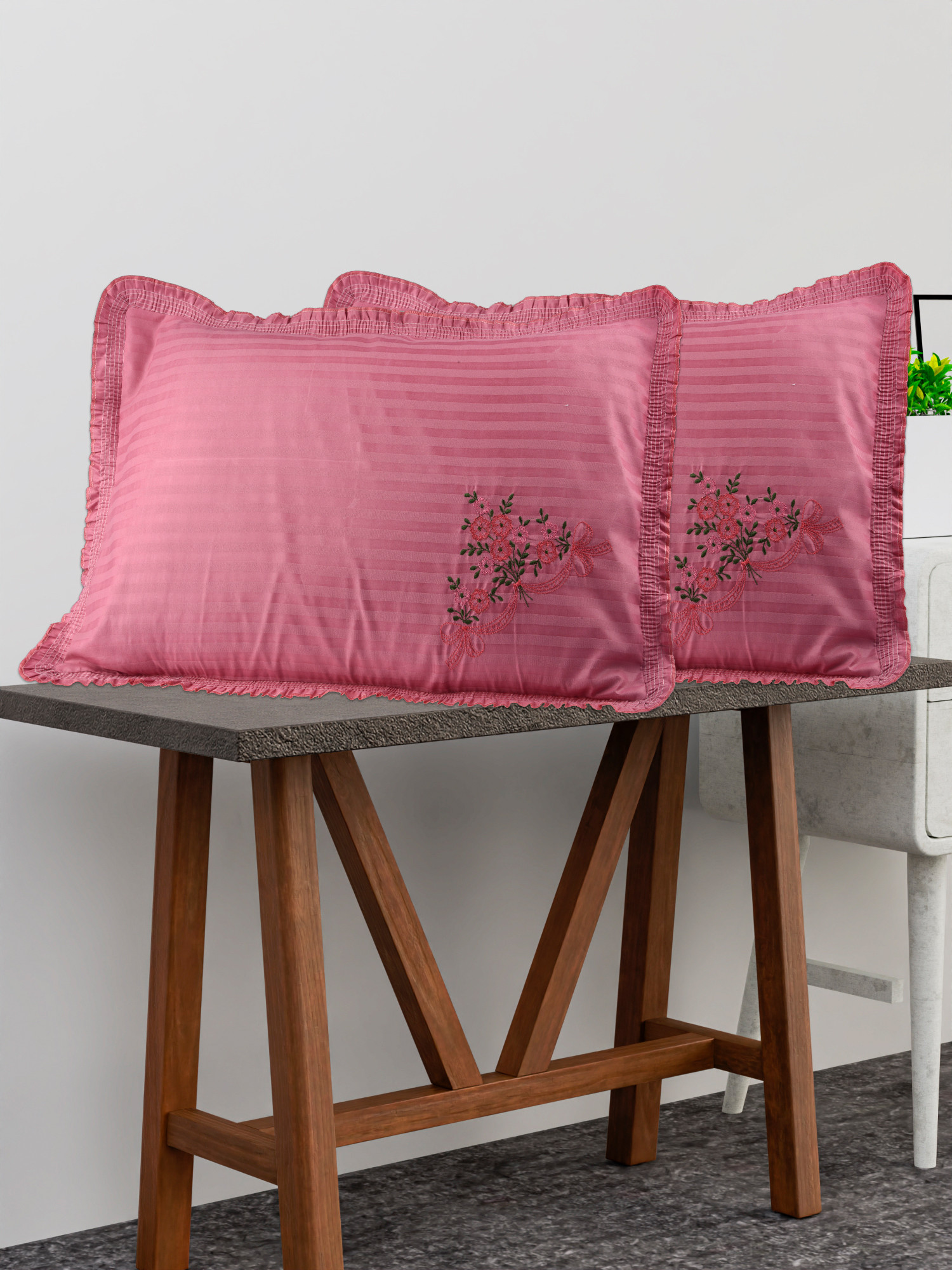 Kuber Industries Pillow Cover  Cotton Pillow Cover Set  Cushion Pillow Cover Set  Pillow Cover Set for Bedroom  Lining Embroidery Pillow Cover Set  2 Piece Set  Dark Pink