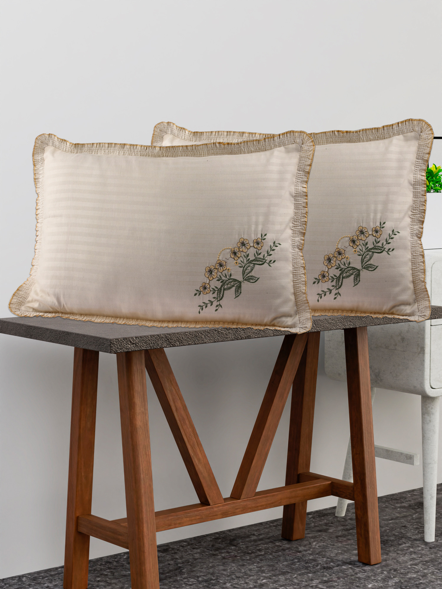 Kuber Industries Pillow Cover  Cotton Pillow Cover Set  Cushion Pillow Cover Set  Pillow Cover Set for Bedroom  Lining Embroidery Pillow Cover Set  2 Piece Set  Beige