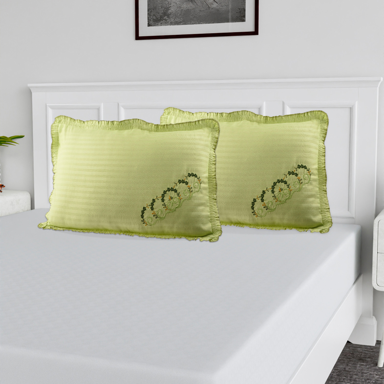 Kuber Industries Pillow Cover | Cotton Pillow Cover Set | Cushion Pillow Cover Set | Pillow Cover Set for Bedroom | Lining Embroidery Pillow Cover Set |Parrot Green