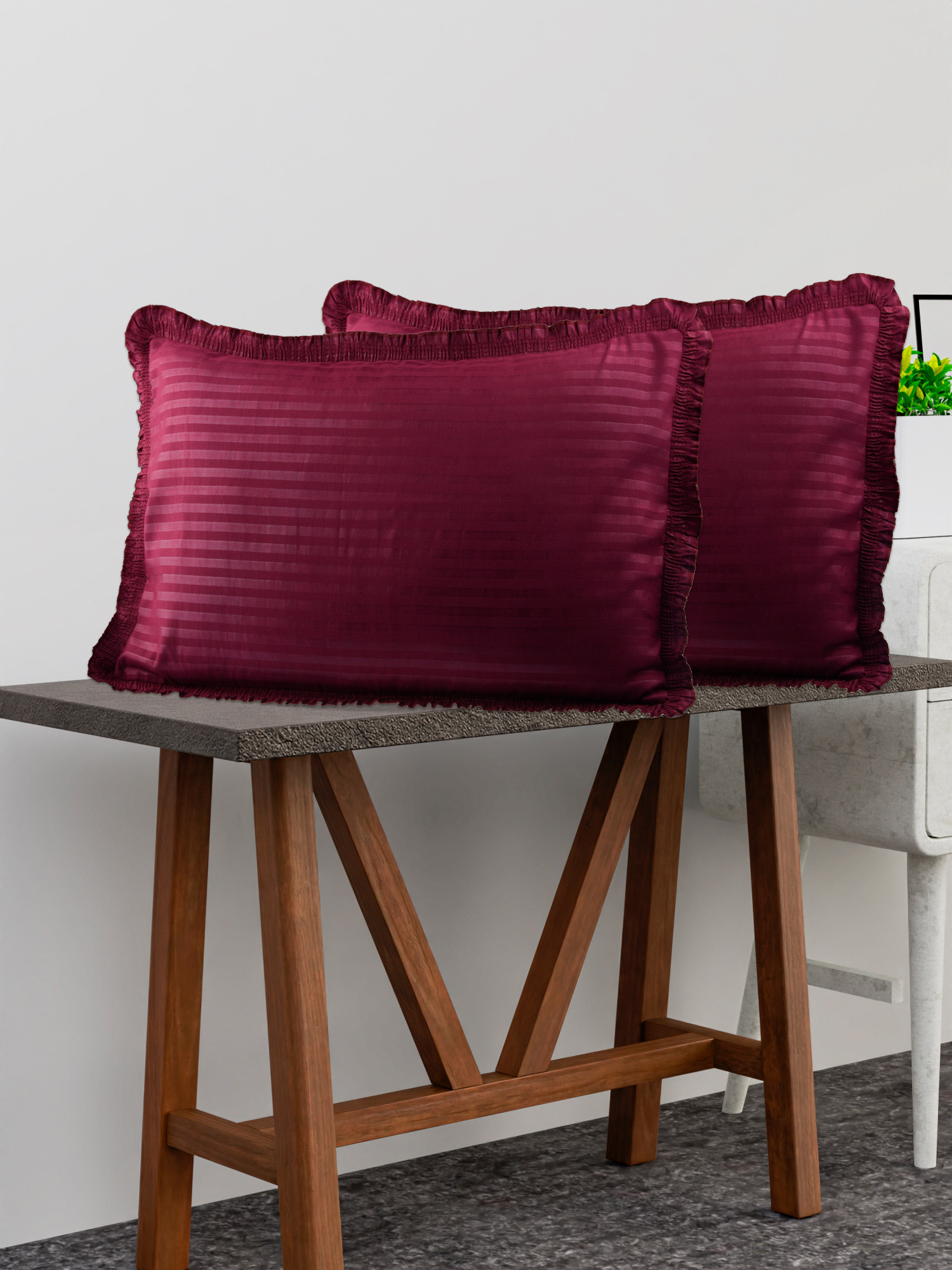 Kuber Industries Pillow Cover  Cotton Pillow Cover Set  Cushion Pillow Cover Set  Premium Pillow Cover Set for Bedroom  Lining Frill Pillow Cover Set  2 Piece Set  Maroon