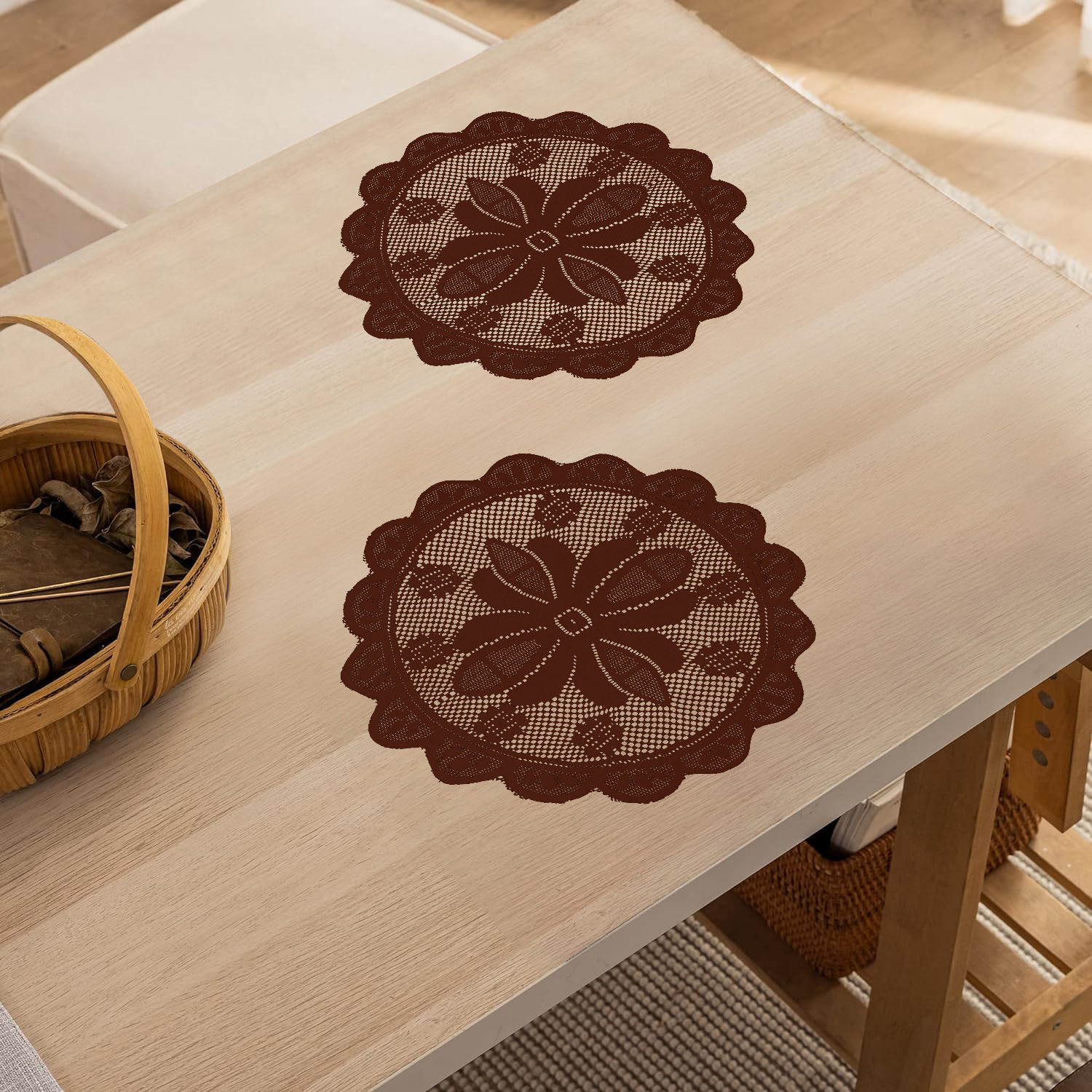 Kuber Industries Placemat | Dining Table Placemat | Center Table Mats | Round Plain Net Placemat Set | Side Table Placemats for Hotel-Home Décor | 20 Inch |Maroon