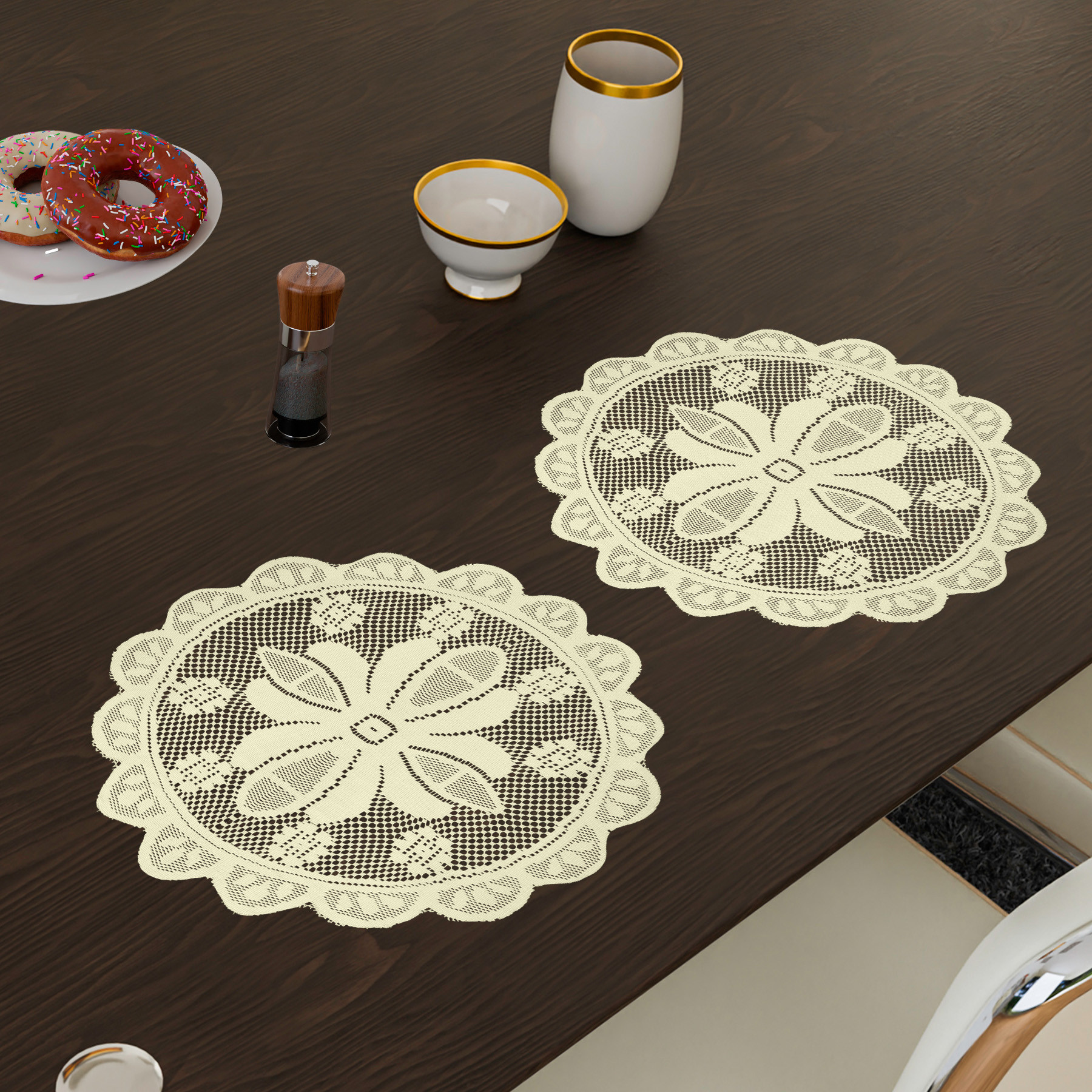 Kuber Industries Placemat | Dining Table Placemat | Center Table Mats | Round Plain Net Placemat Set | Side Table Placemats for Hotel-Home Décor | 20 Inch |Cream
