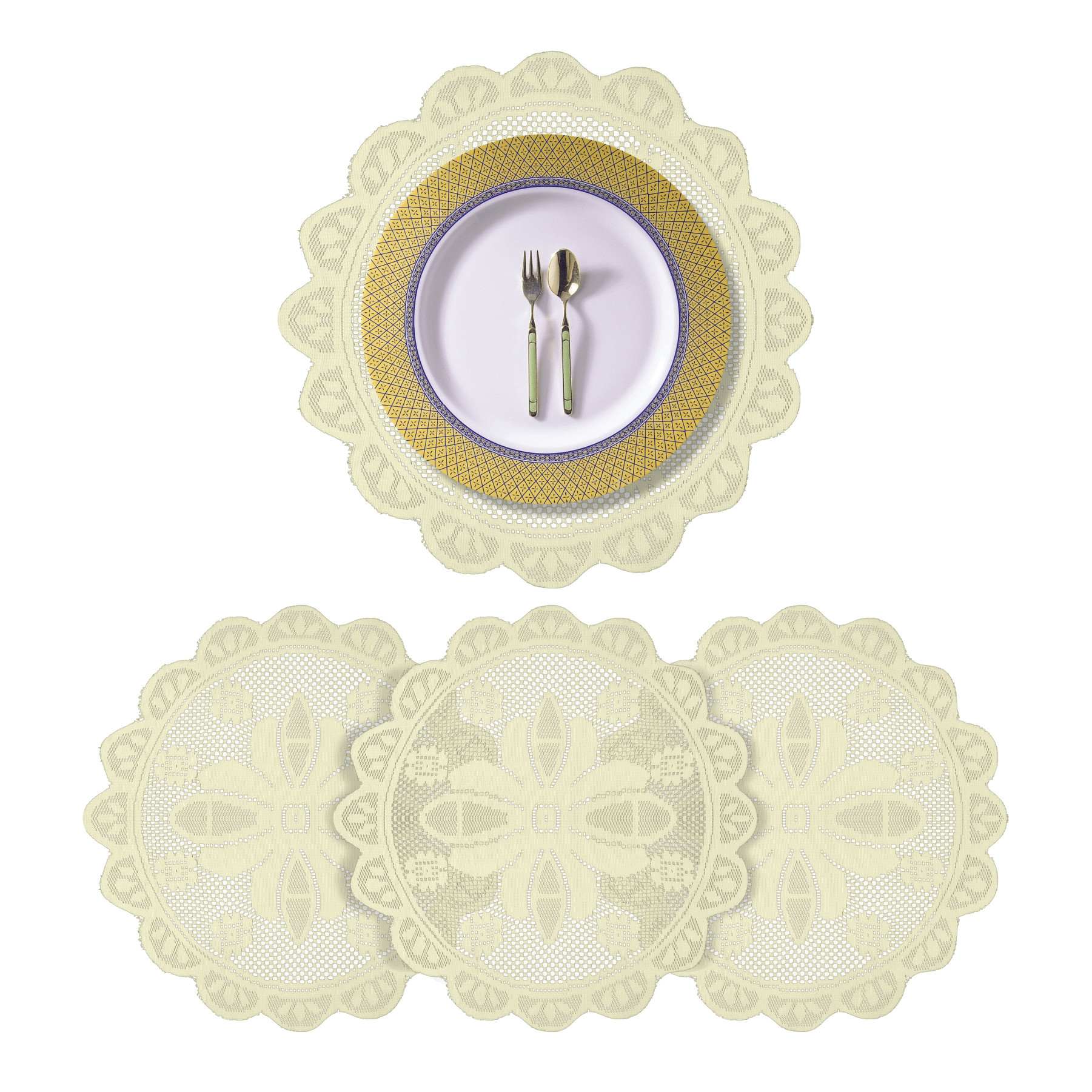 Kuber Industries Placemat | Dining Table Placemat | Center Table Mats | Round Plain Net Placemat Set | Side Table Placemats for Hotel-Home Décor | 20 Inch |Cream