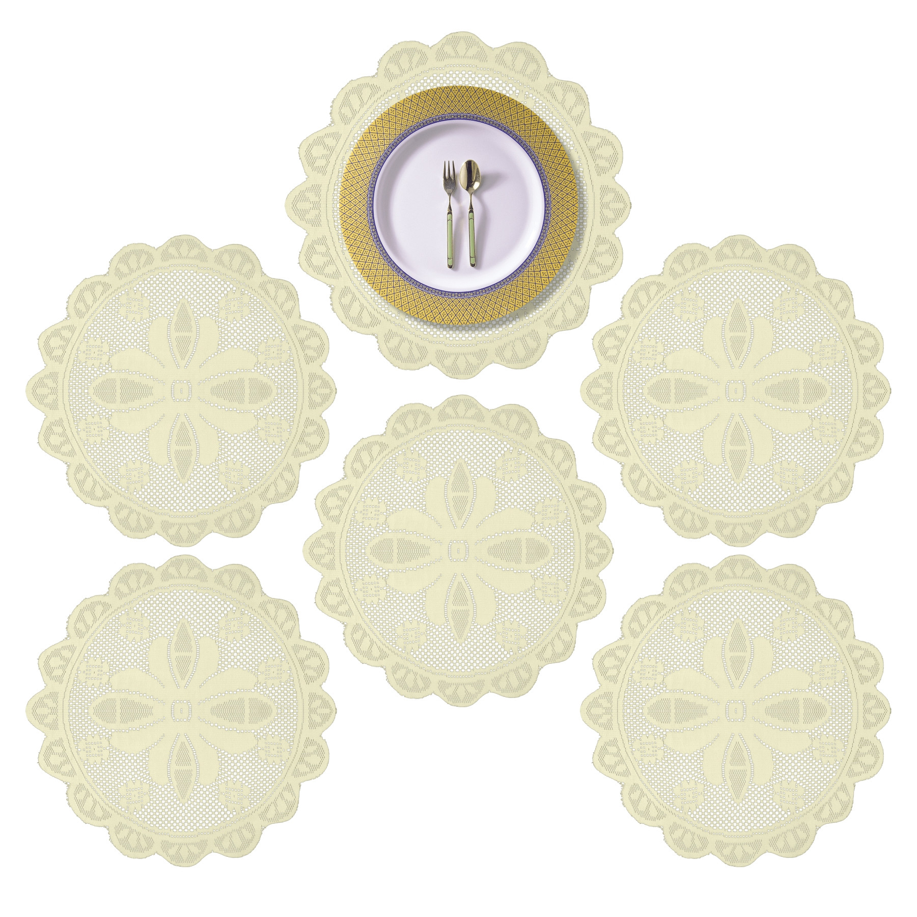 Kuber Industries Placemat | Dining Table Placemat | Center Table Mats | Round Plain Net Placemat Set | Side Table Placemats for Hotel-Home Décor | 20 Inch |Cream