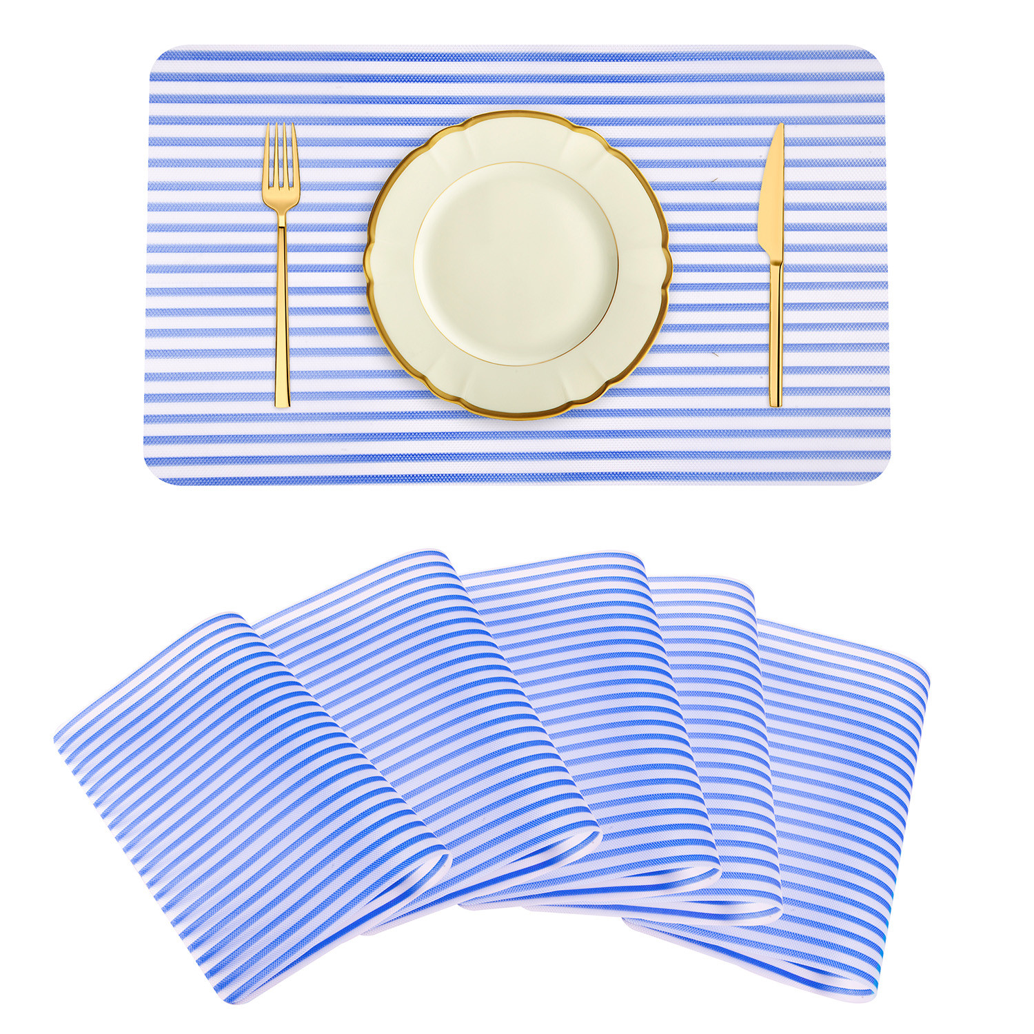 Kuber Industries Placemat | Placemats for Dining Room | Anti-Slip Table Mat Set | Placemats for Kitchen Table | Dining Table Placemats | Lining-Design Placemat | 6 Piece Set | Blue