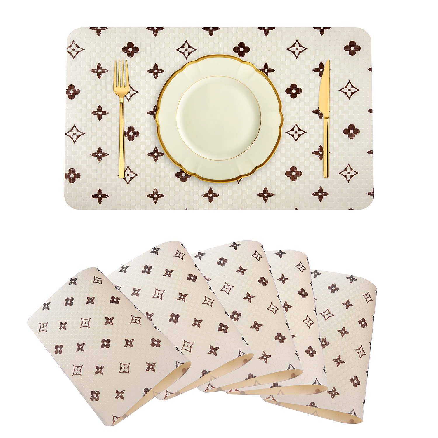 Kuber Industries Placemat | Placemats for Dining Room | Anti-Slip Table Mat Set | Placemats for Kitchen Table | Dining Table Placemats | Brown Star-Design Placemat | 6 Piece Set | Cream