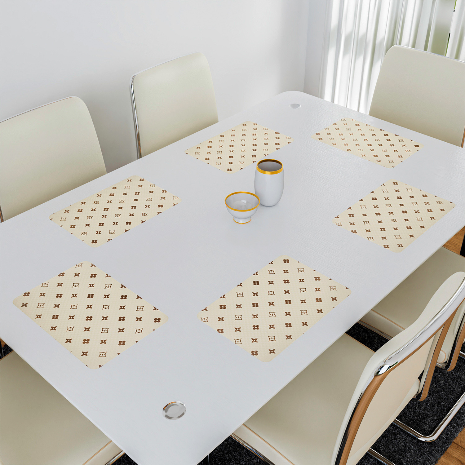 Kuber Industries Placemat | Placemats for Dining Room | Anti-Slip Table Mat Set | Placemats for Kitchen Table | Dining Table Placemats | Brown Star-Design Placemat | 6 Piece Set | Cream