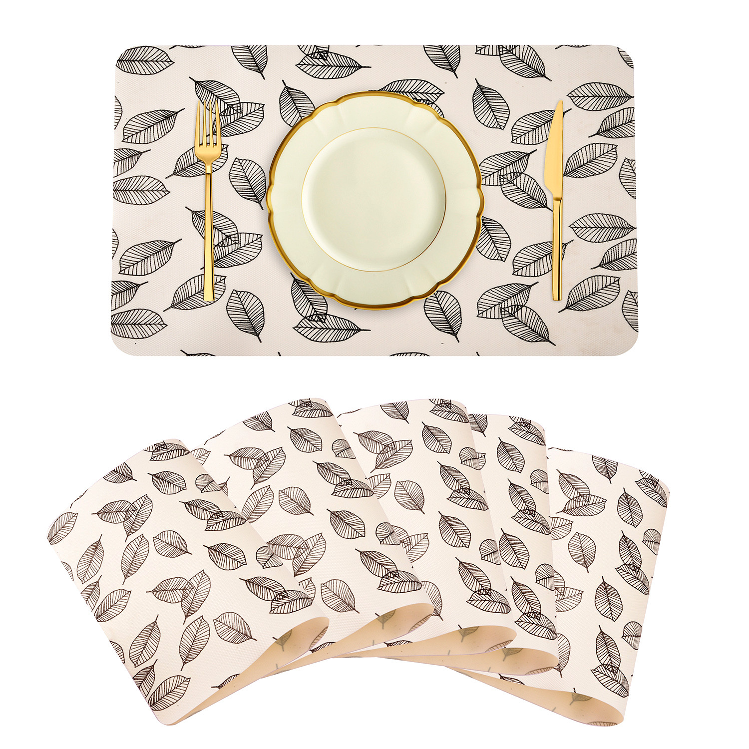 Kuber Industries Placemat | Placemats for Dining Room | Anti-Slip Table Mat Set | Placemats for Kitchen Table | Dining Table Placemats | Leaf-Design Placemat | 6 Piece Set | Cream