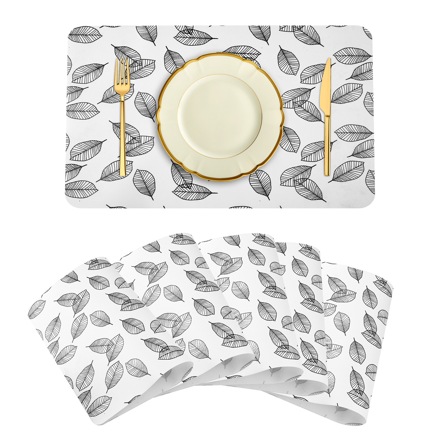 Kuber Industries Placemat | Placemats for Dining Room | Anti-Slip Table Mat Set | Placemats for Kitchen Table | Dining Table Placemats | Leaf-Design Placemat | 6 Piece Set | White