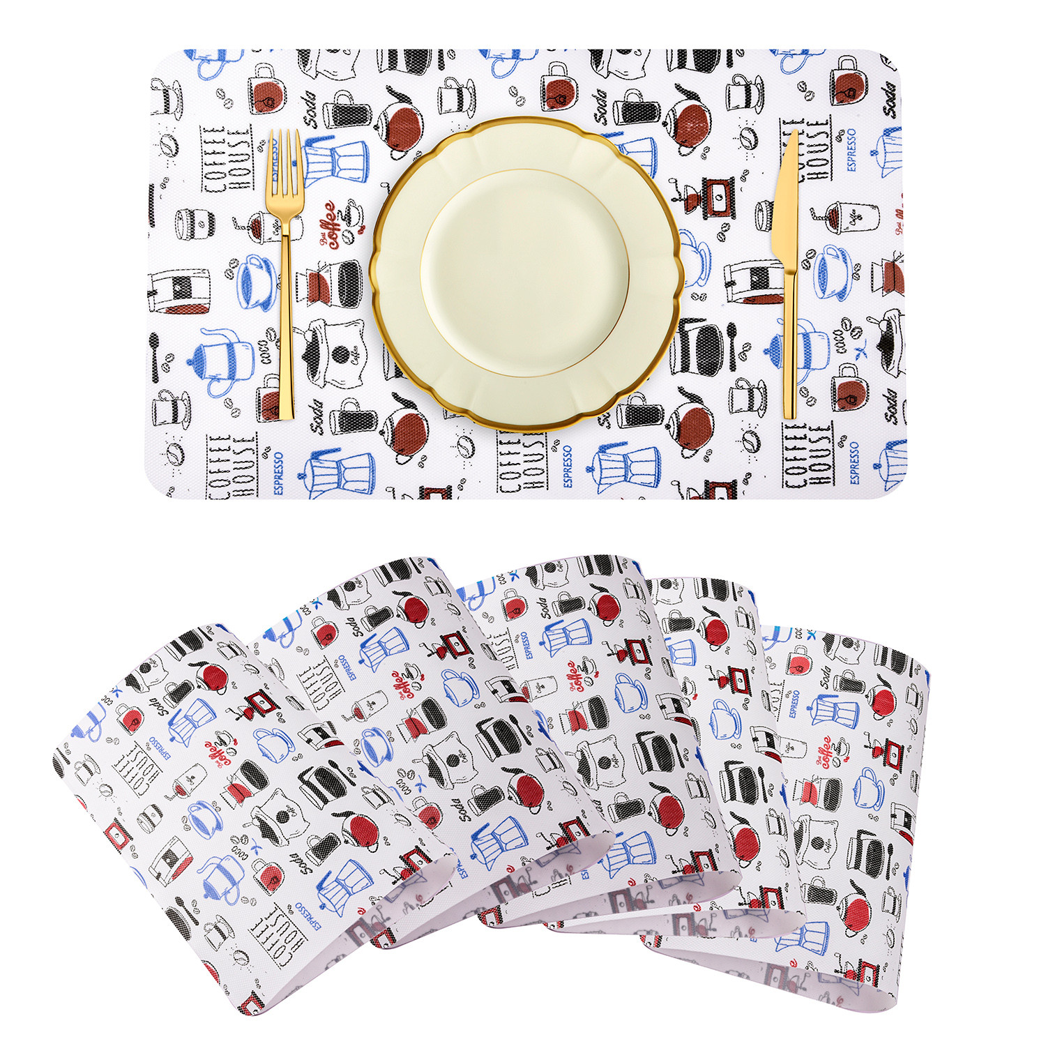 Kuber Industries Placemat | Placemats for Dining Room | Anti-Slip Table Mat Set | Placemats for Kitchen Table | Dining Table Placemats | Coffee House Placemat | 6 Piece Set | Blue