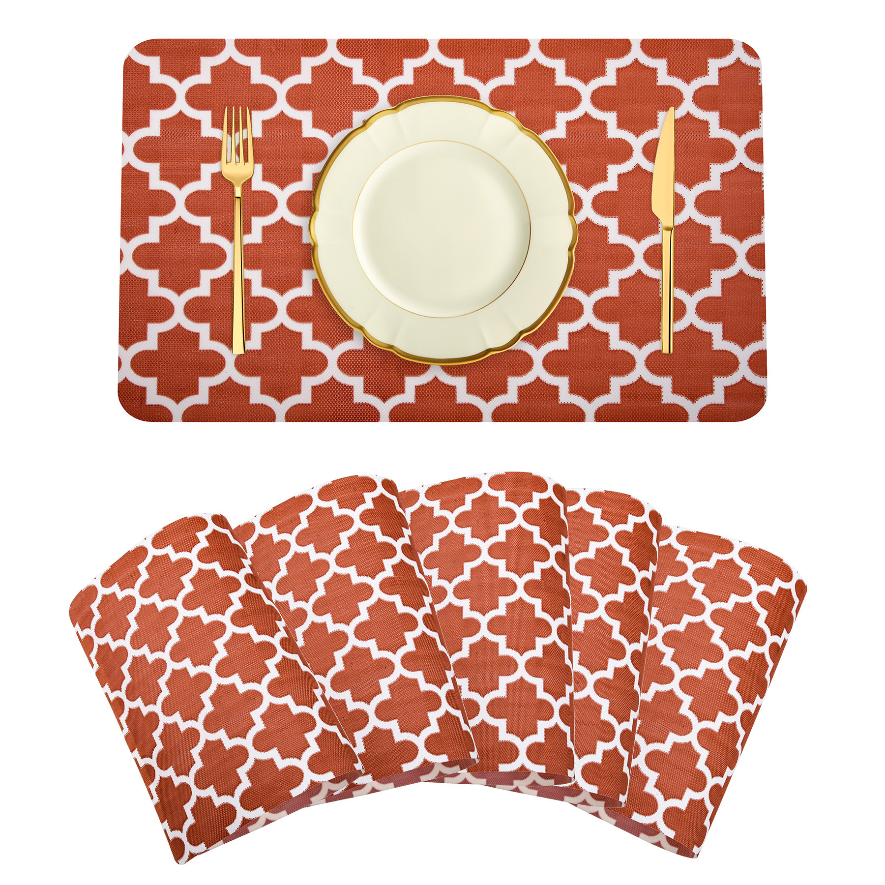 Kuber Industries Placemat | Placemats for Dining Room | Anti-Slip Table Mat Set | Placemats for Kitchen Table | Dining Table Placemats | Hexagon-Design Placemat | 6 Piece Set | Red