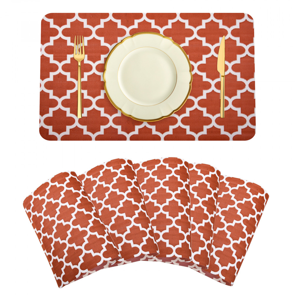 Kuber Industries Placemat | Placemats for Dining Room | Anti-Slip Table Mat Set | Placemats for Kitchen Table | Dining Table Placemats | Hexagon-Design Placemat | 6 Piece Set | Red