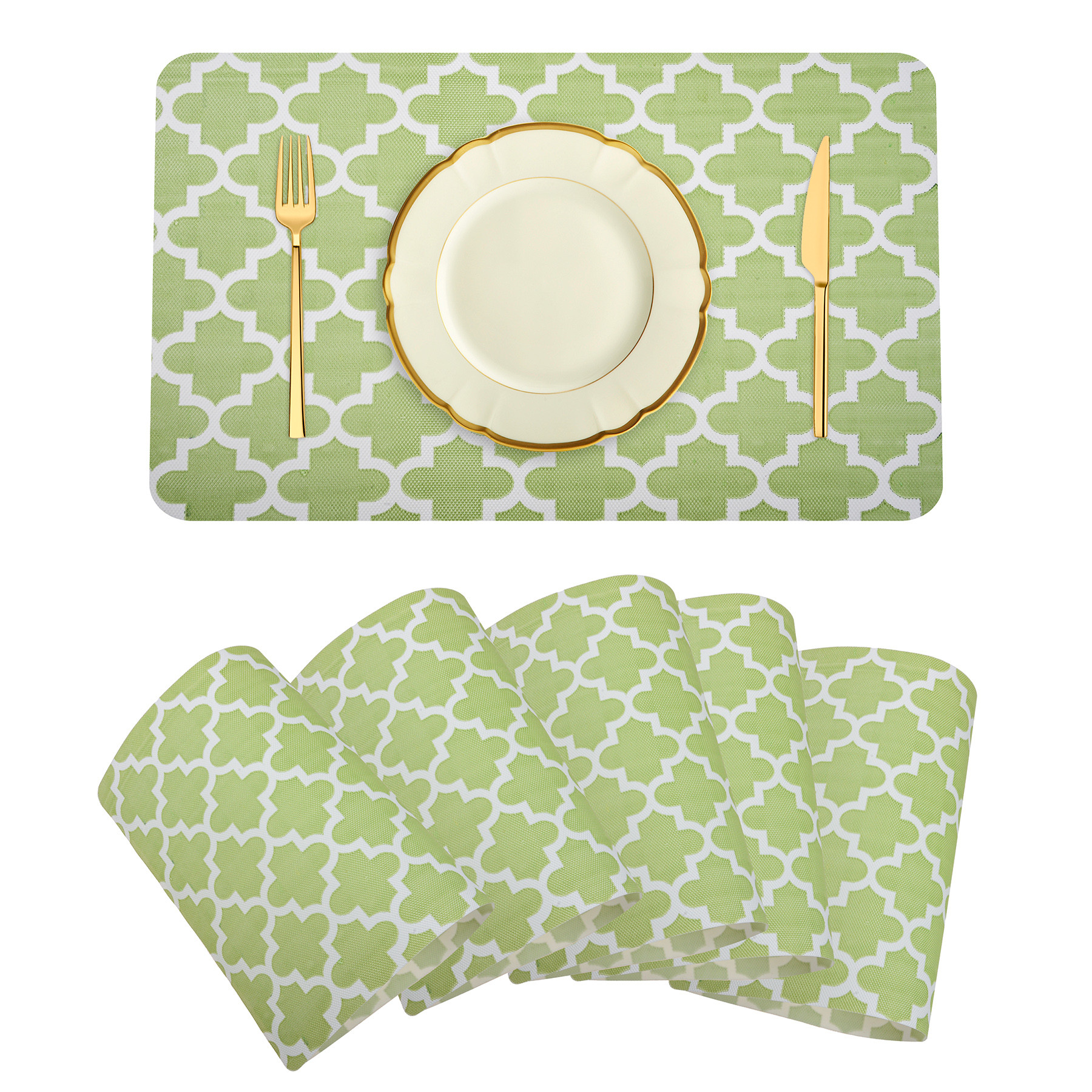 Kuber Industries Placemat | Placemats for Dining Room | Anti-Slip Table Mat Set | Placemats for Kitchen Table | Dining Table Placemats | Hexagon-Design Placemat | 6 Piece Set | Green