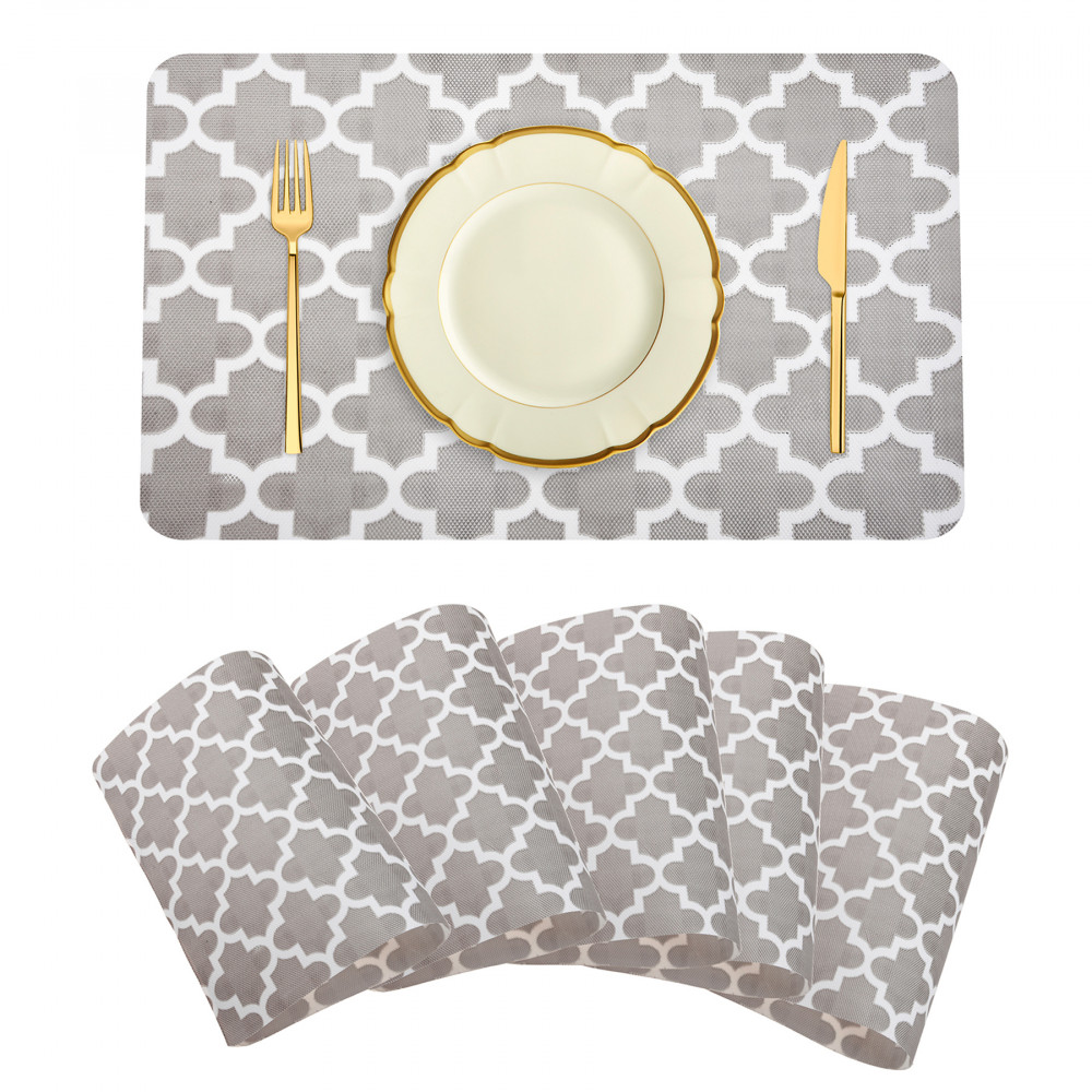 Kuber Industries Placemat | Placemats for Dining Room | Anti-Slip Table Mat Set | Placemats for Kitchen Table | Dining Table Placemats | Hexagon-Design Placemat | 6 Piece Set | Gray