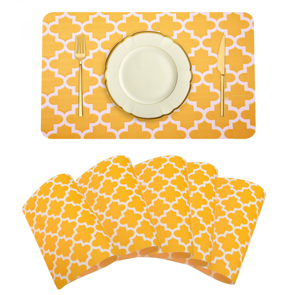 Kuber Industries Placemat | Placemats for Dining Room | Anti-Slip Table Mat Set | Placemats for Kitchen Table | Dining Table Placemats | Hexagon-Design Placemat | 6 Piece Set | Yellow