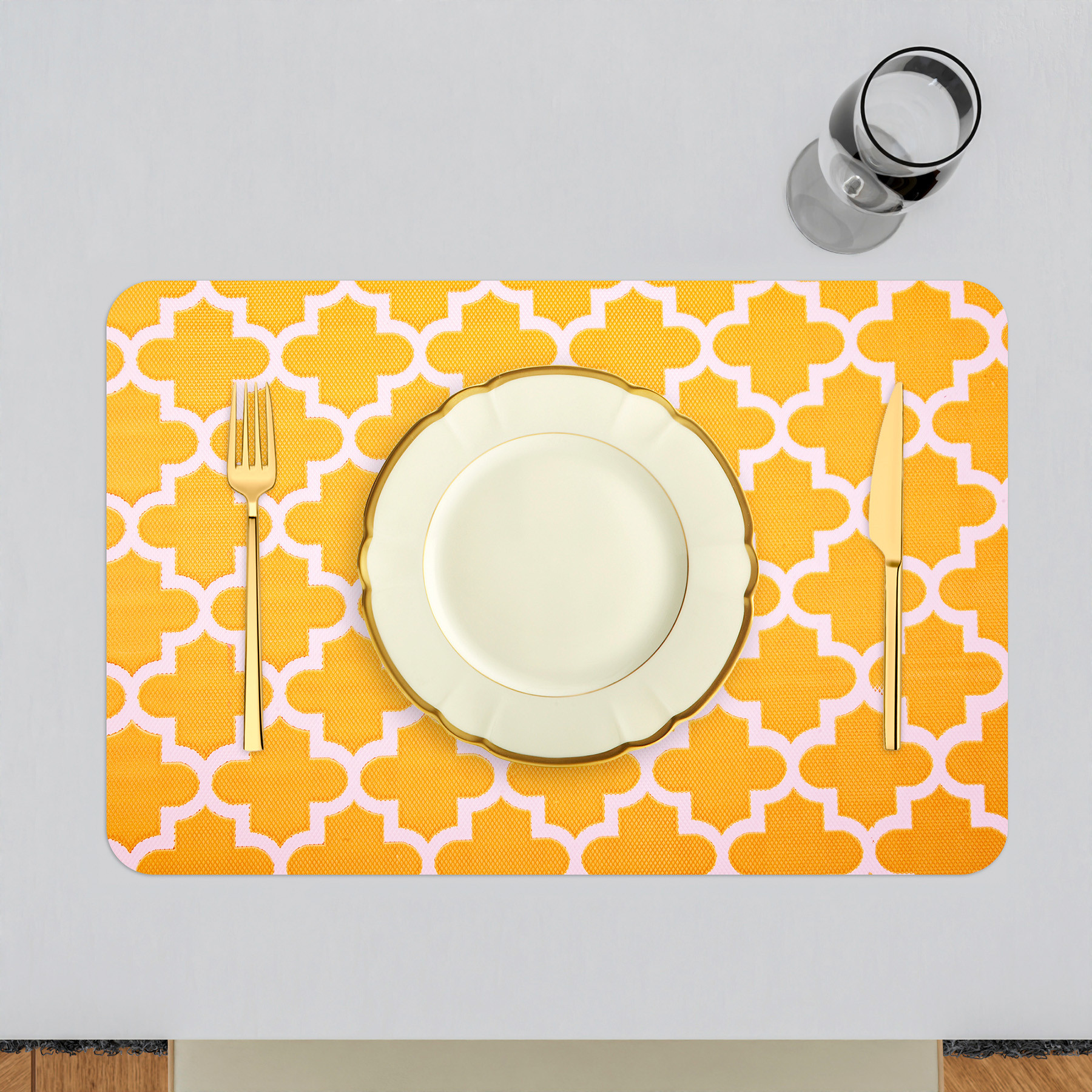 Kuber Industries Placemat | Placemats for Dining Room | Anti-Slip Table Mat Set | Placemats for Kitchen Table | Dining Table Placemats | Hexagon-Design Placemat | 6 Piece Set | Yellow