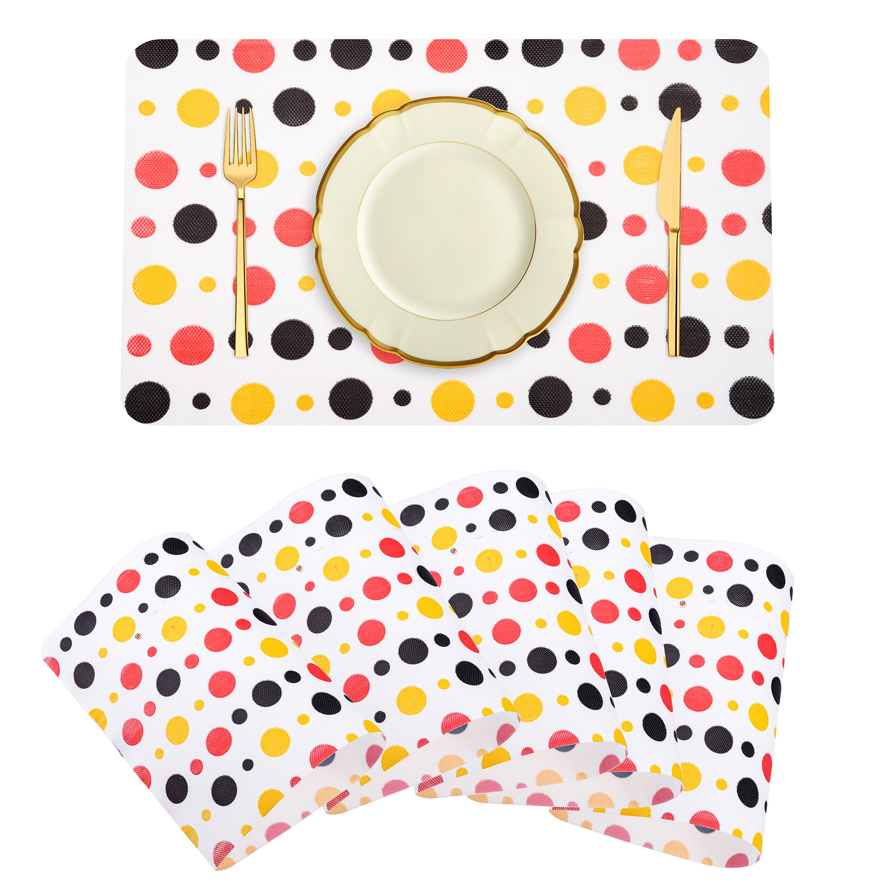 Kuber Industries Placemat | Placemats for Dining Room | Anti-Slip Table Mat Set | Placemats for Kitchen Table | Dining Table Placemats | Multi Dot Placemat | 6 Piece Set | White