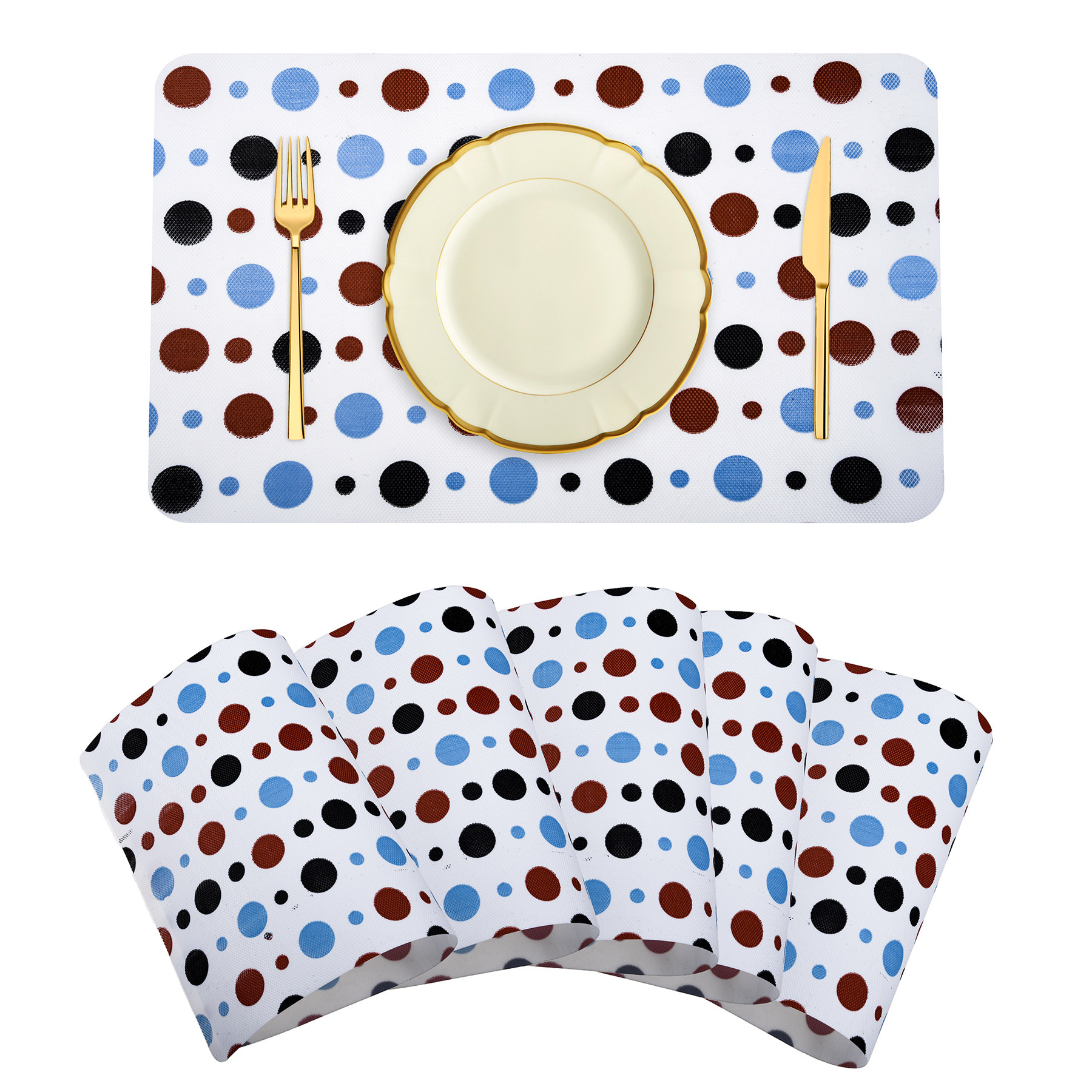Kuber Industries Placemat | Placemats for Dining Room | Anti-Slip Table Mat Set | Placemats for Kitchen Table | Dining Table Placemats | Multi Dot Placemat | 6 Piece Set | White