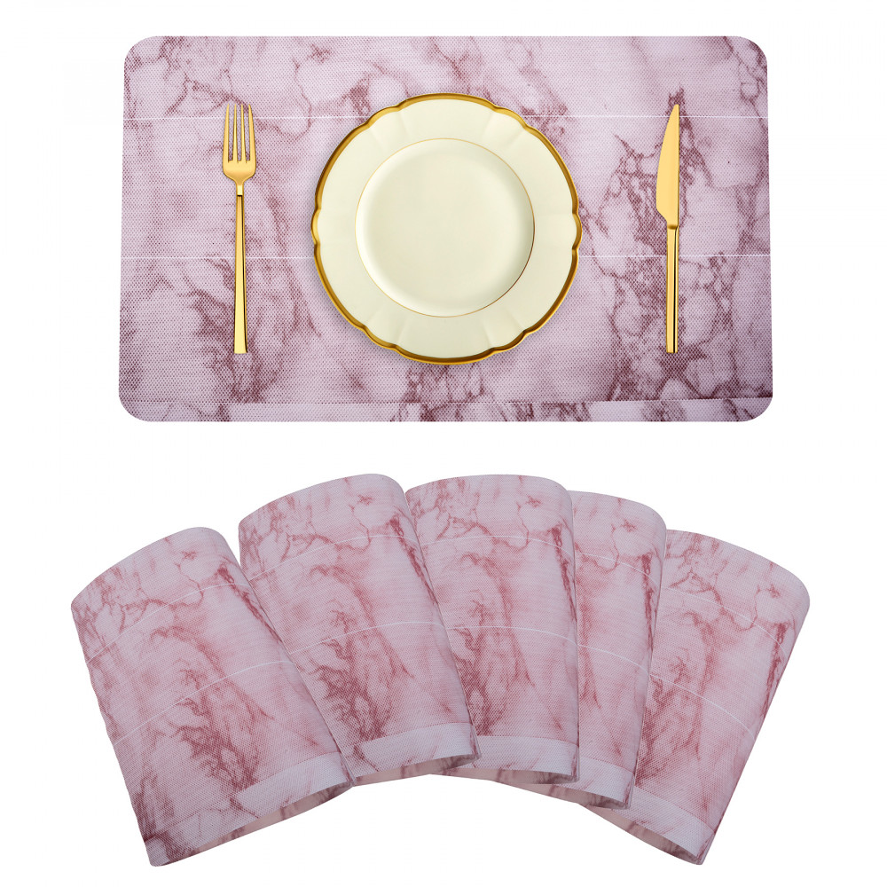Kuber Industries Placemat | Placemats for Dining Room | Anti-Slip Table Mat Set | Placemats for Kitchen Table | Dining Table Placemats | Marble Placemat | 6 Piece Set | Pink