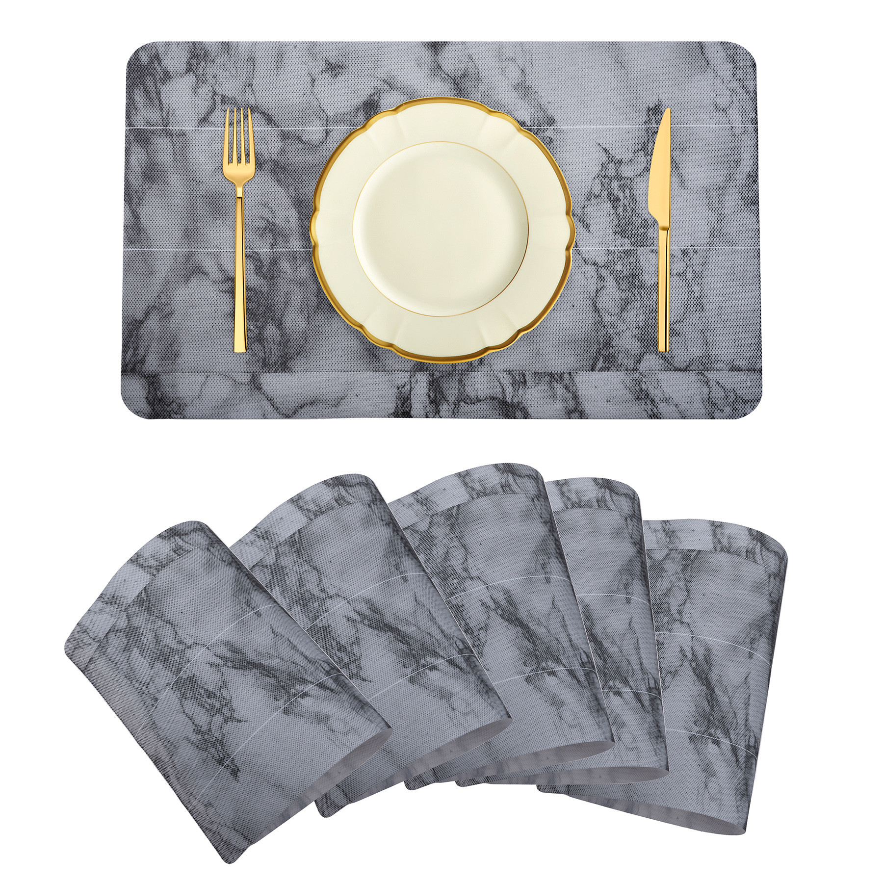 Kuber Industries Placemat | Placemats for Dining Room | Anti-Slip Table Mat Set | Placemats for Kitchen Table | Dining Table Placemats | Marble Placemat | 6 Piece Set | Gray