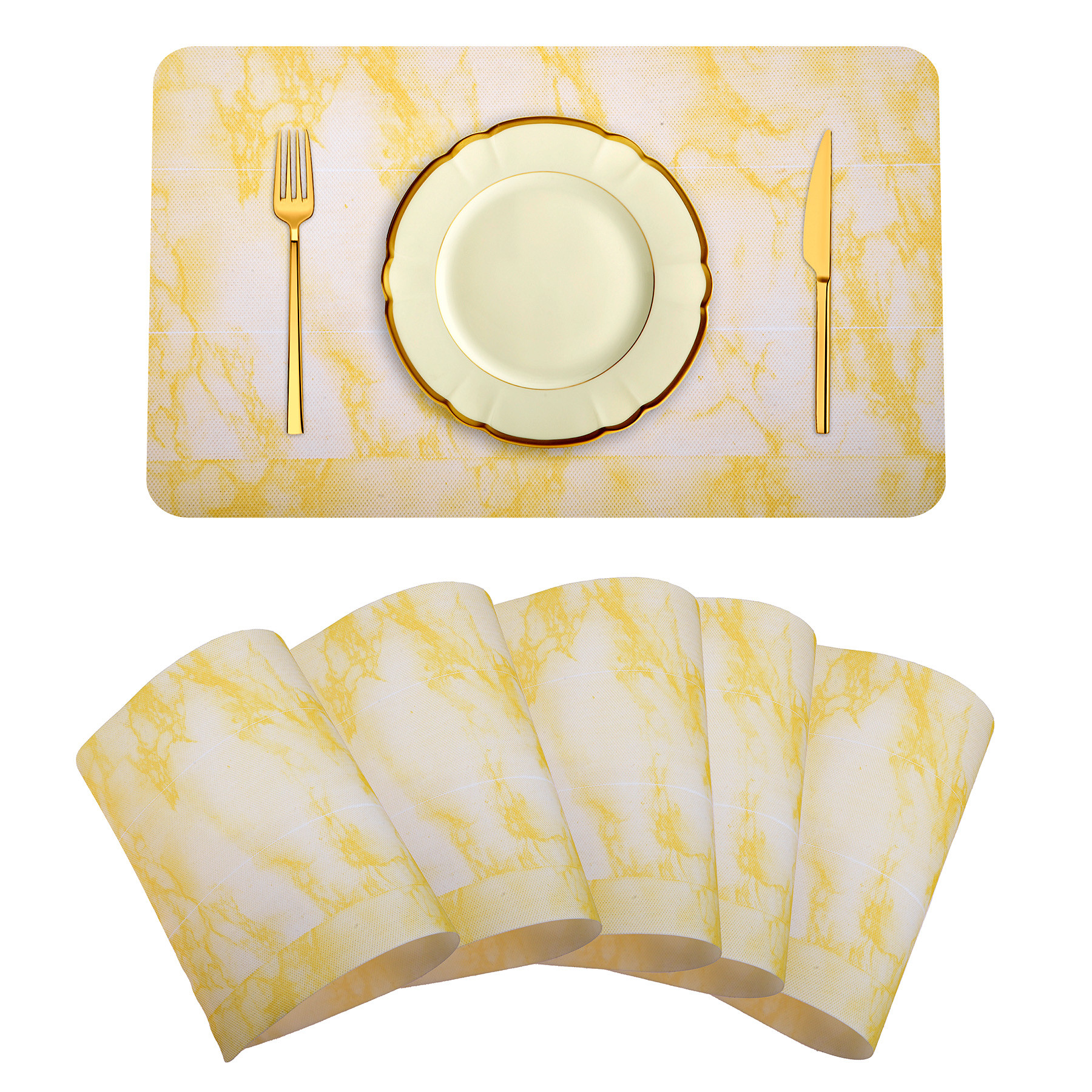 Kuber Industries Placemat | Placemats for Dining Room | Anti-Slip Table Mat Set | Placemats for Kitchen Table | Dining Table Placemats | Marble Placemat | 6 Piece Set | Yellow