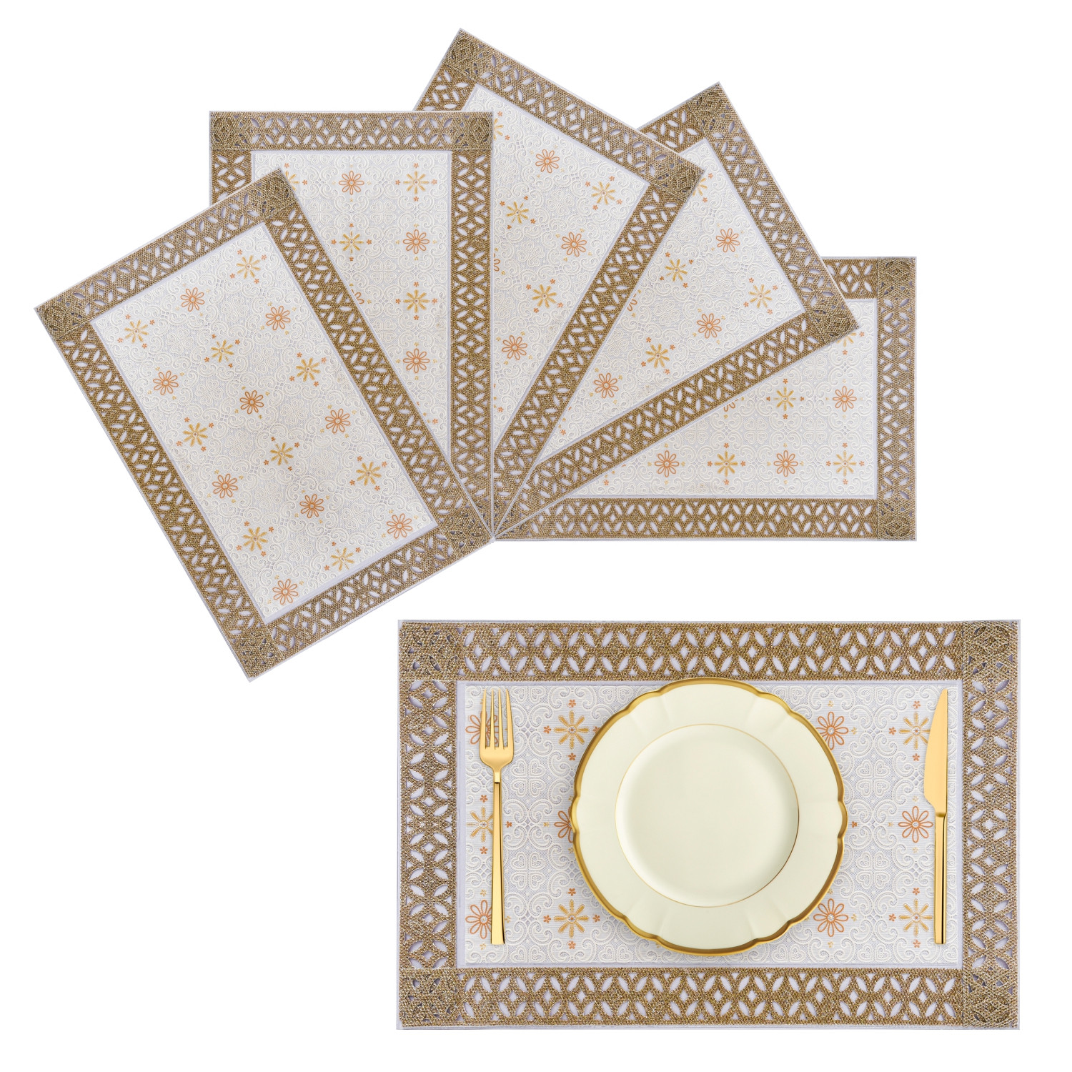 Kuber Industries Placemat | Placemats for Dining Room | Desginer Table Mat Set | Placemats for Kitchen Table | Dining Table Mats | Flower Maiva Placemat | 6 Piece Set | Cream