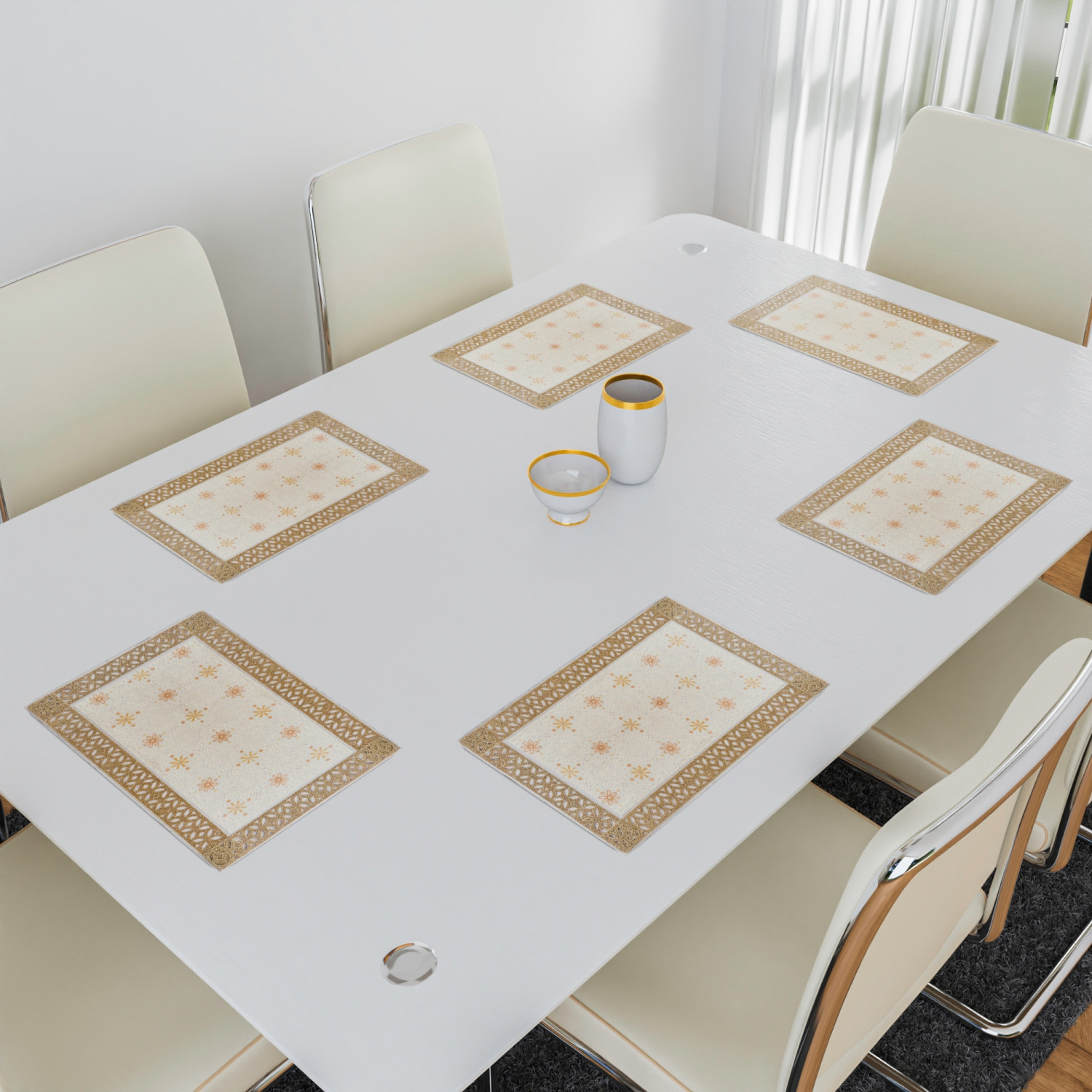 Kuber Industries Placemat | Placemats for Dining Room | Desginer Table Mat Set | Placemats for Kitchen Table | Dining Table Mats | Flower Maiva Placemat | 6 Piece Set | Cream