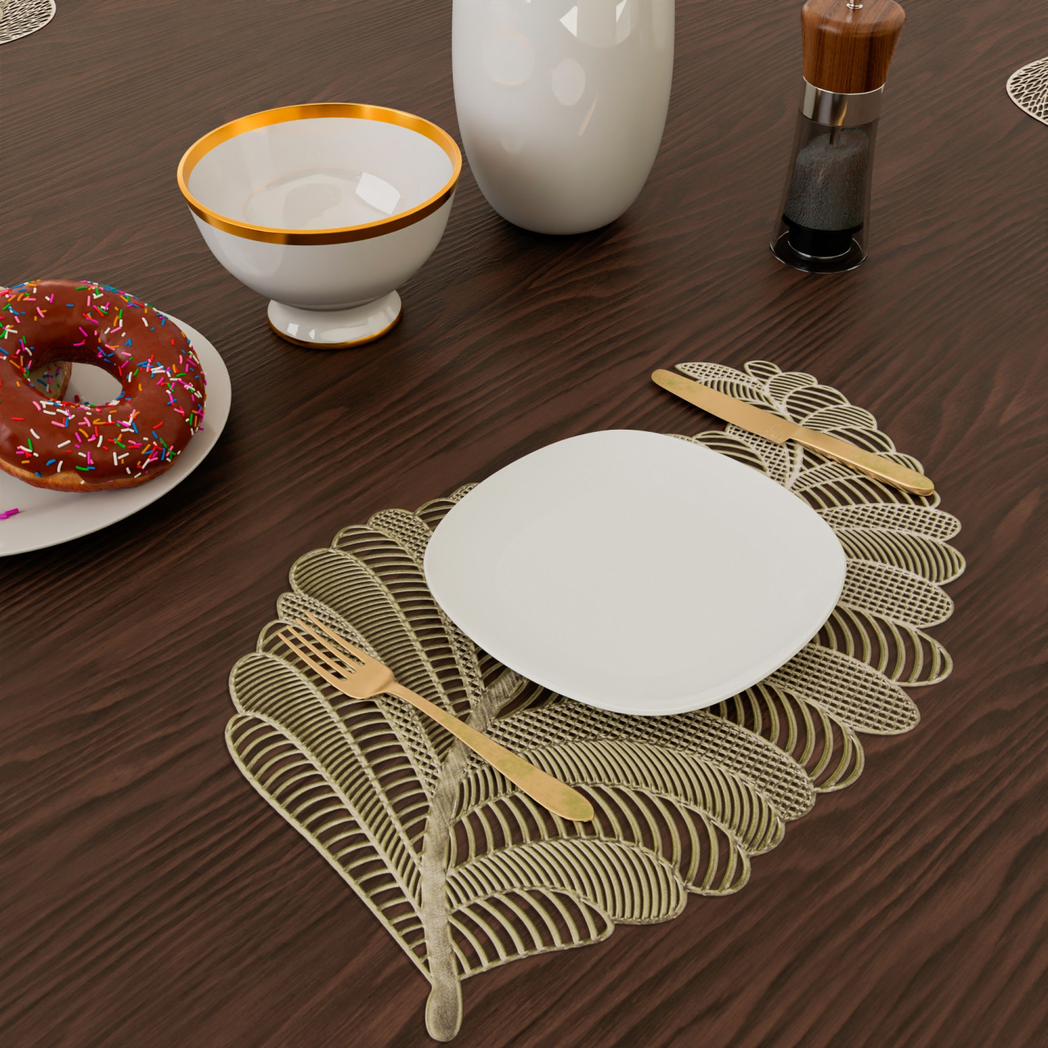 Kuber Industries Placemat  Placemats for Dining Room  Designer Table Mat Set  Placemats for Kitchen Table  Side Table Placemats  Leaf Shape Placemat  6 Piece Set  Golden
