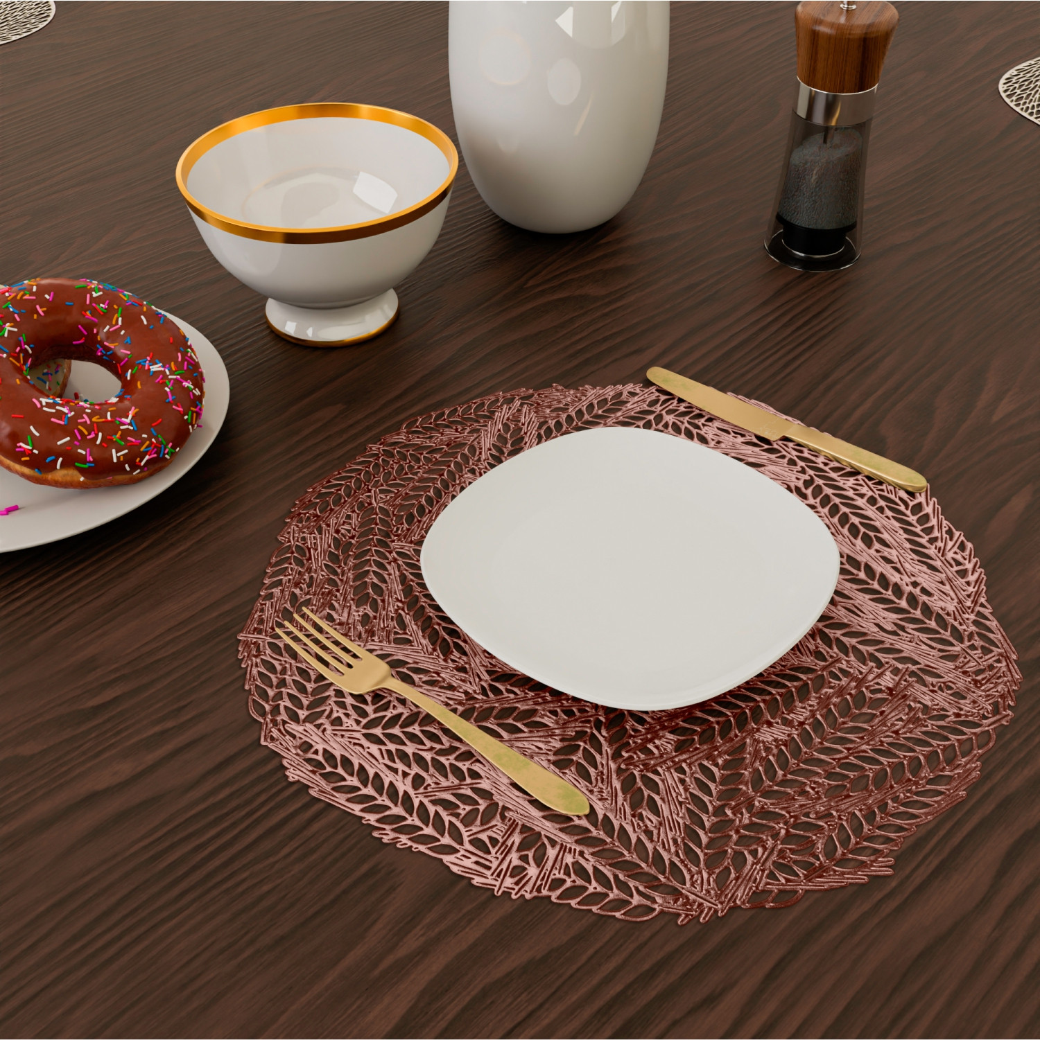 Kuber Industries Placemat  Placemats for Dining Room  Designer Table Mat Set  Placemats for Kitchen Table  Round Table Placemats  Leaf-Design Placemat  6 Piece Set  Copper