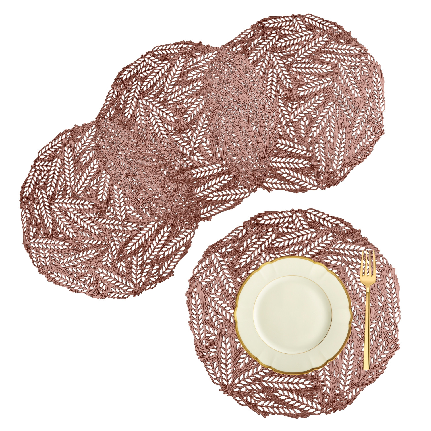 Kuber Industries Placemat | Placemats for Dining Room | Designer Table Mat Set | Placemats for Kitchen Table | Round Table Placemats | Leaf-Design Placemat |Copper