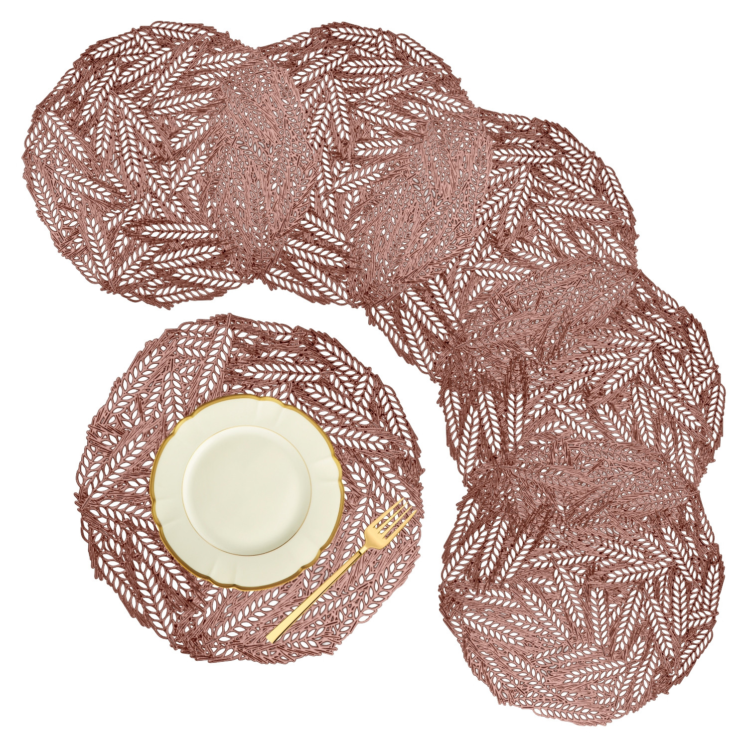 Kuber Industries Placemat | Placemats for Dining Room | Designer Table Mat Set | Placemats for Kitchen Table | Round Table Placemats | Leaf-Design Placemat |Copper
