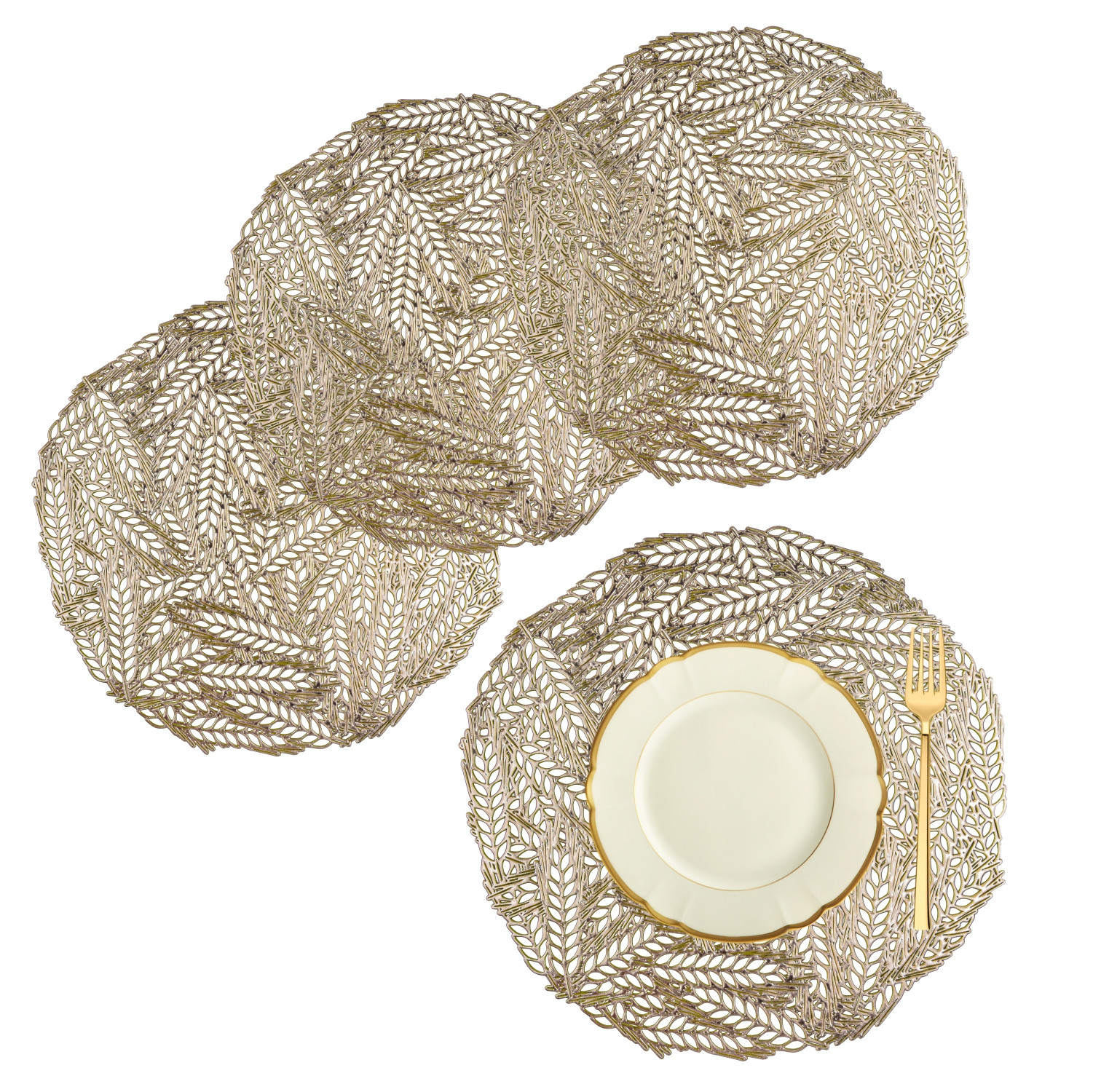 Kuber Industries Placemat | Placemats for Dining Room | Designer Table Mat Set | Placemats for Kitchen Table | Round Table Placemats | Leaf-Design Placemat |Golden
