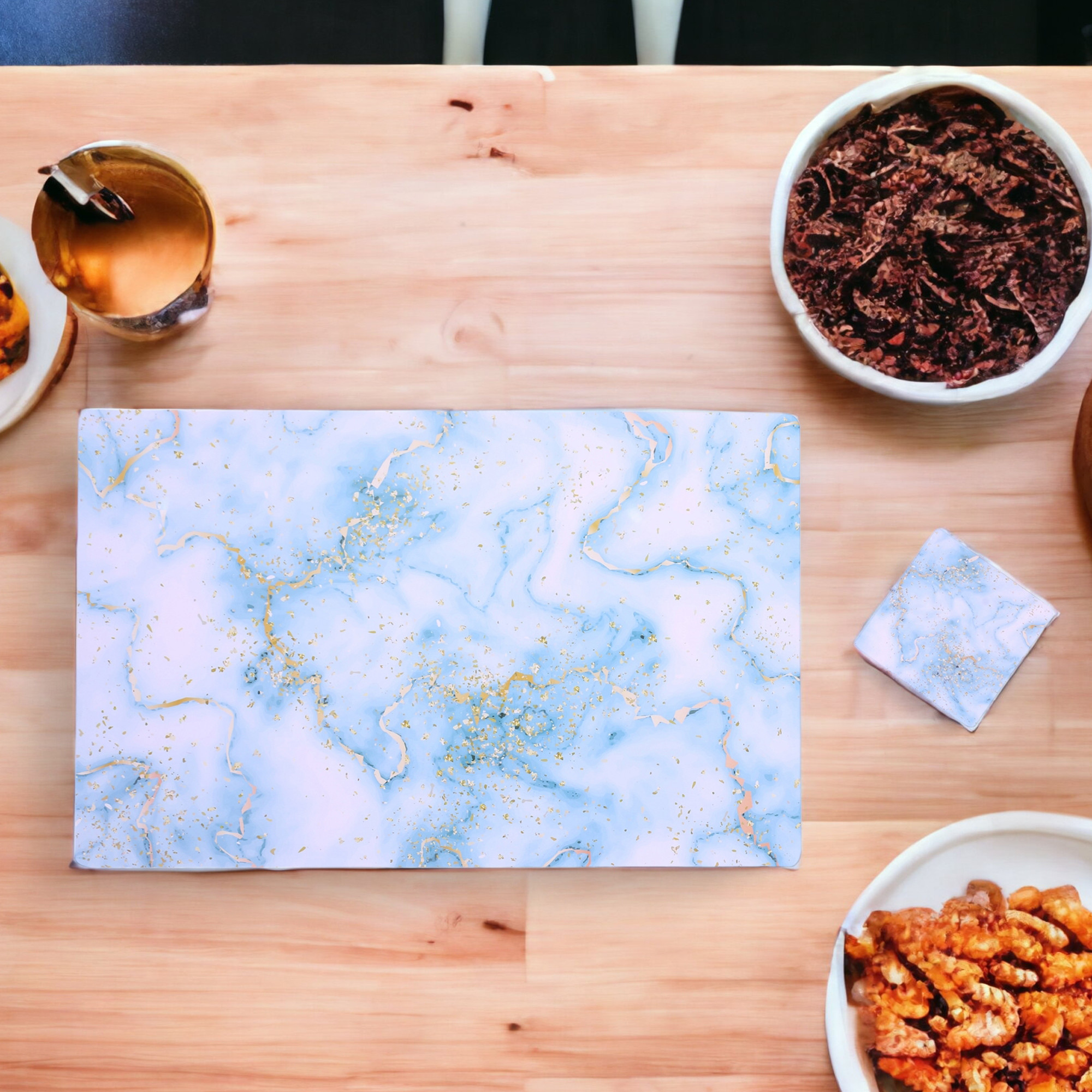 Kuber Industries Placemat  Table Placemats with Coasters  Table Placemats with Tea Coasters  Dining Table Placemats  Coasters Set  See Gold  12 Piece Set  Sky Blue